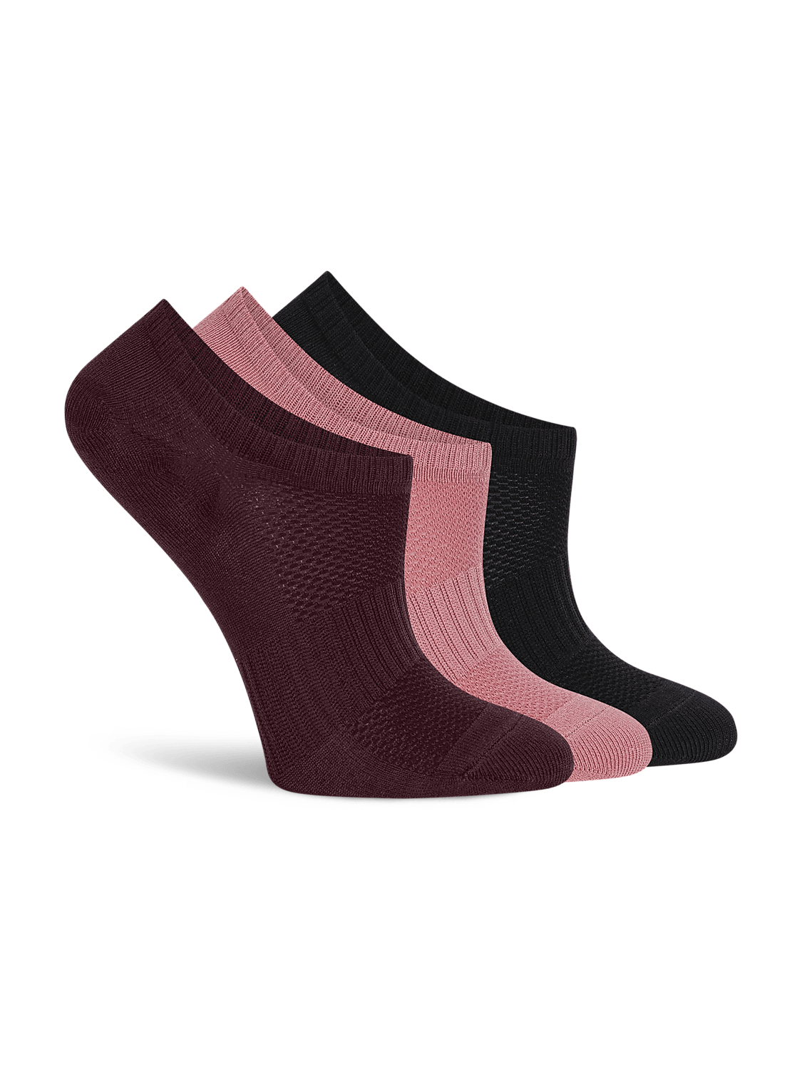 Three no-show socks in burgundy, pink, and black are arranged in a row against a plain white background. Product Image 3