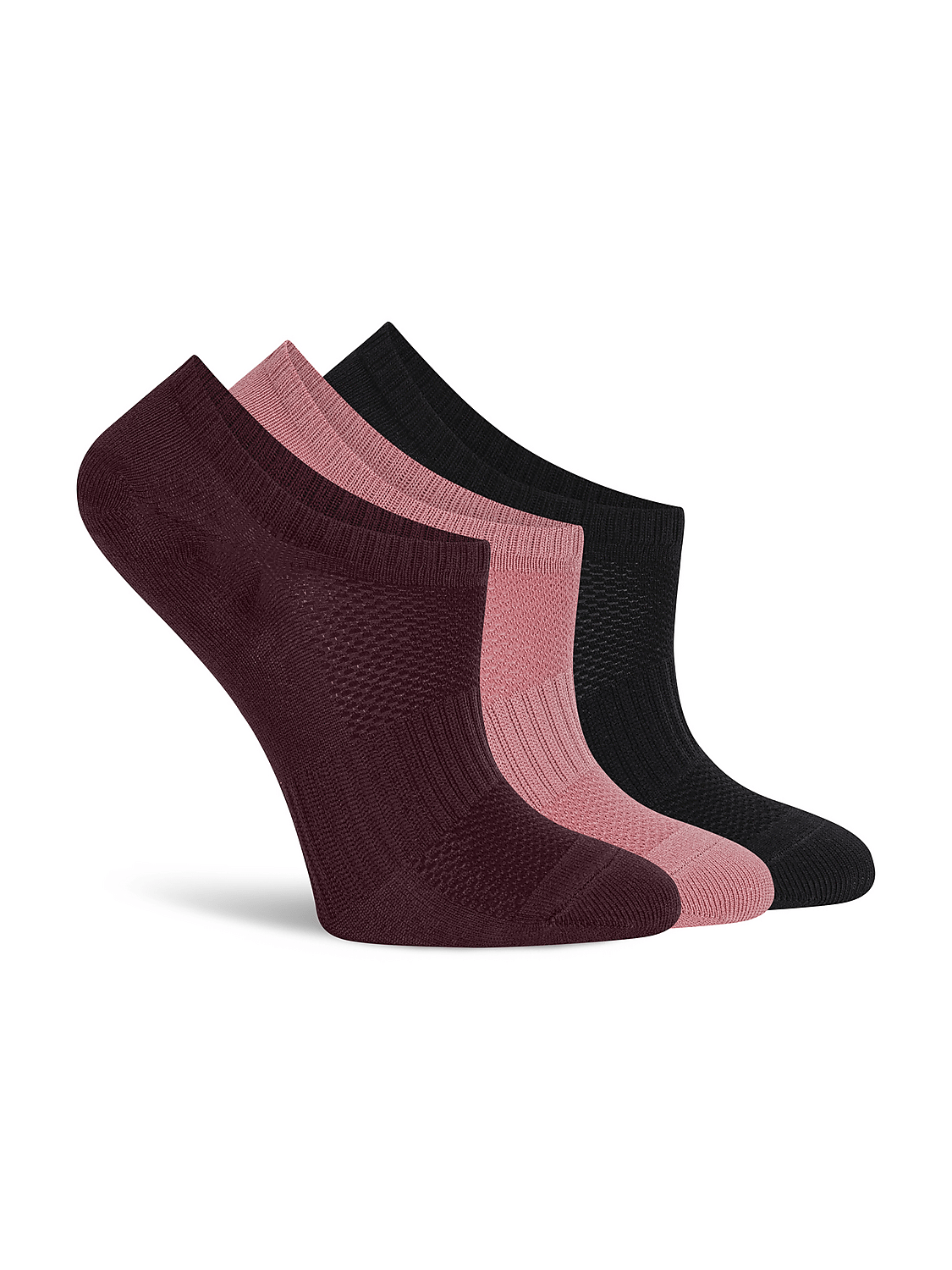 Three no-show socks in burgundy, pink, and black are arranged diagonally against a plain white background. Product Image 4