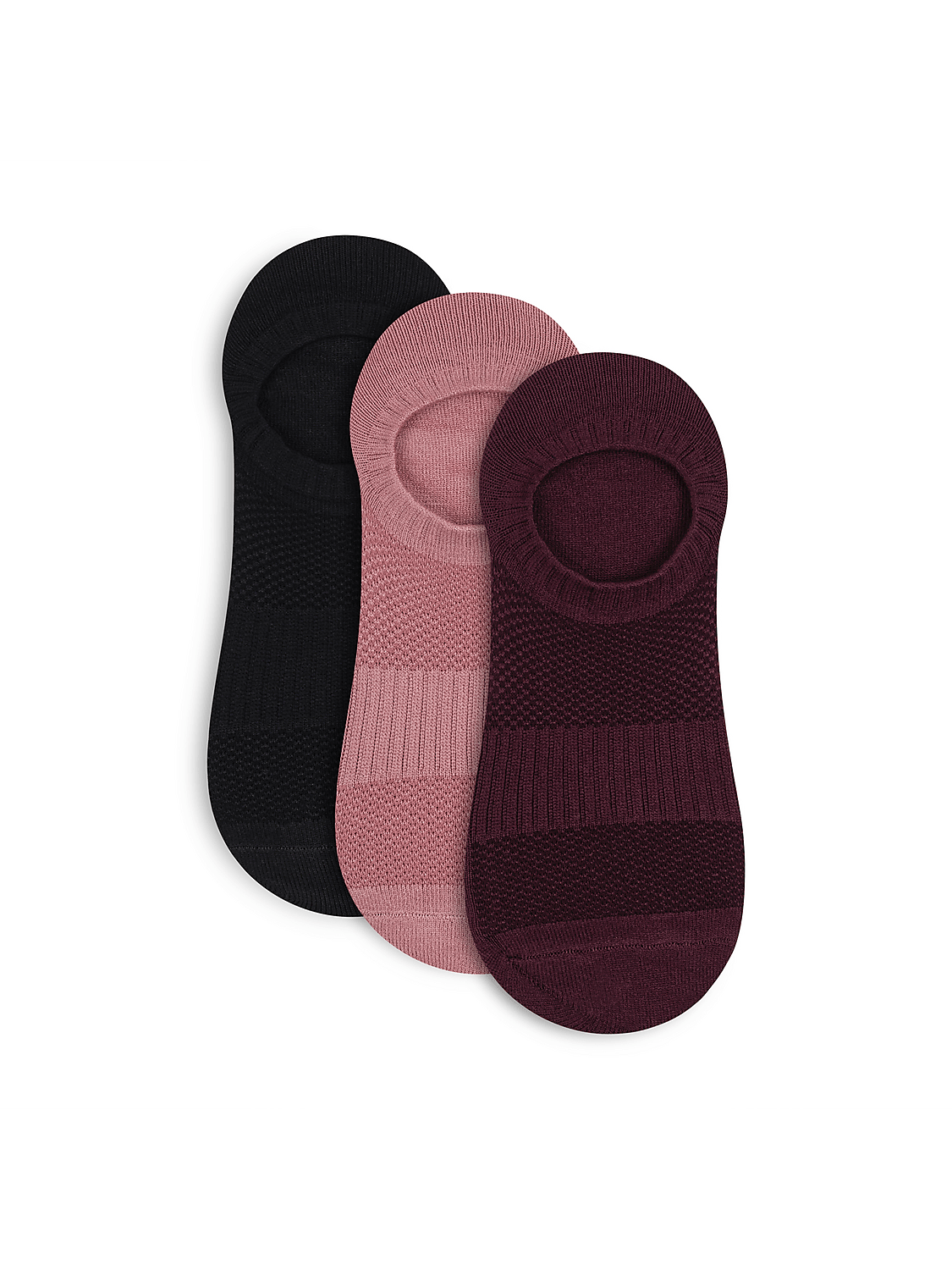 Three no-show socks in black, pink, and burgundy are arranged in the foreground against a plain white background. Product Image 1