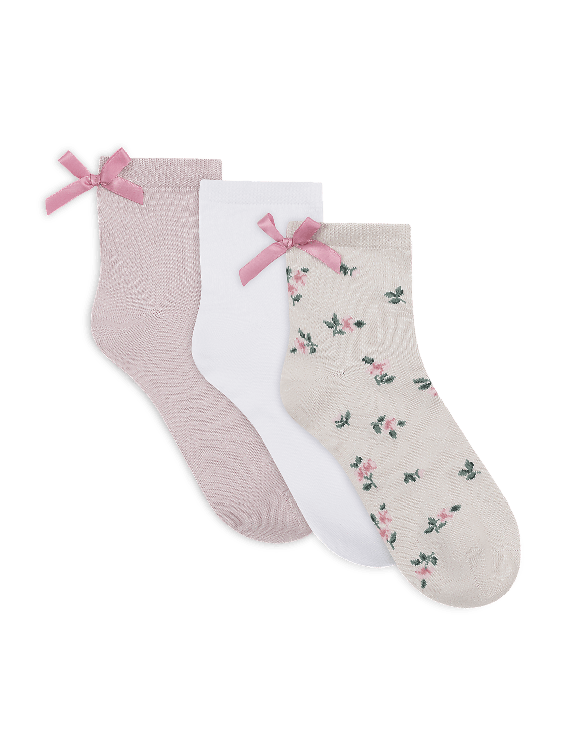 Three pairs of ankle socks, two plain pink and white and one with a floral pattern, are arranged in the foreground against a plain white background. Product Image 2
