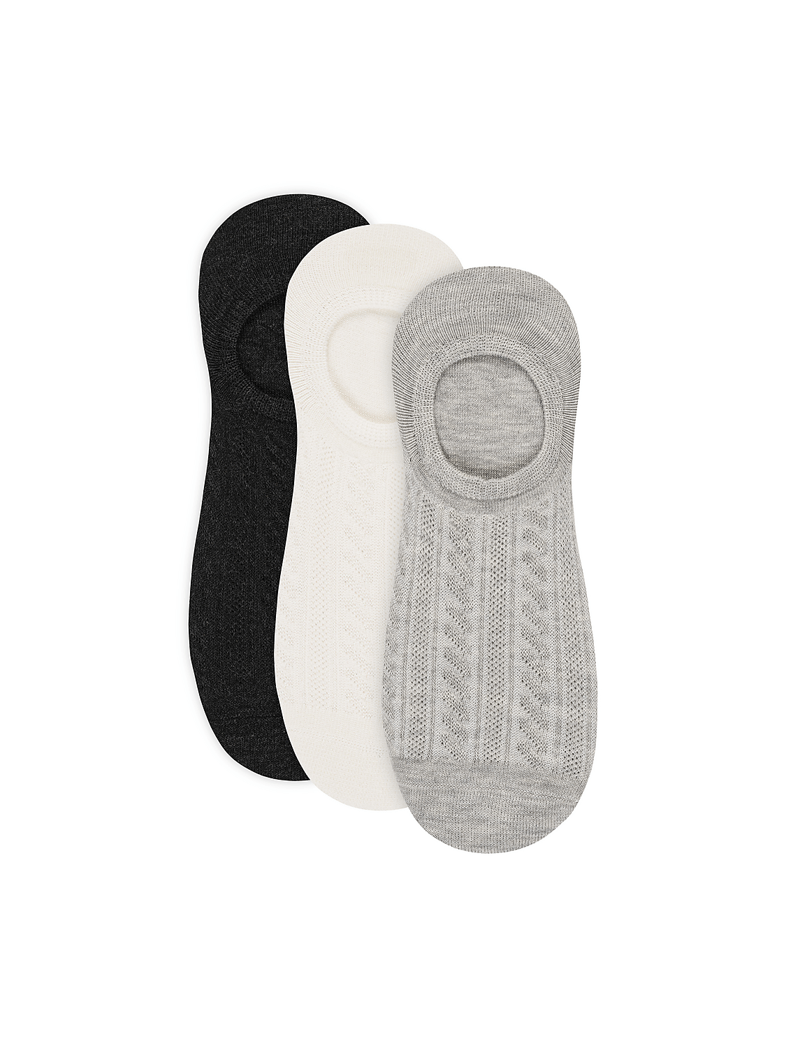 Three no-show socks, black, white, and gray with a cable knit pattern, are arranged on a plain white background. Product Image 2