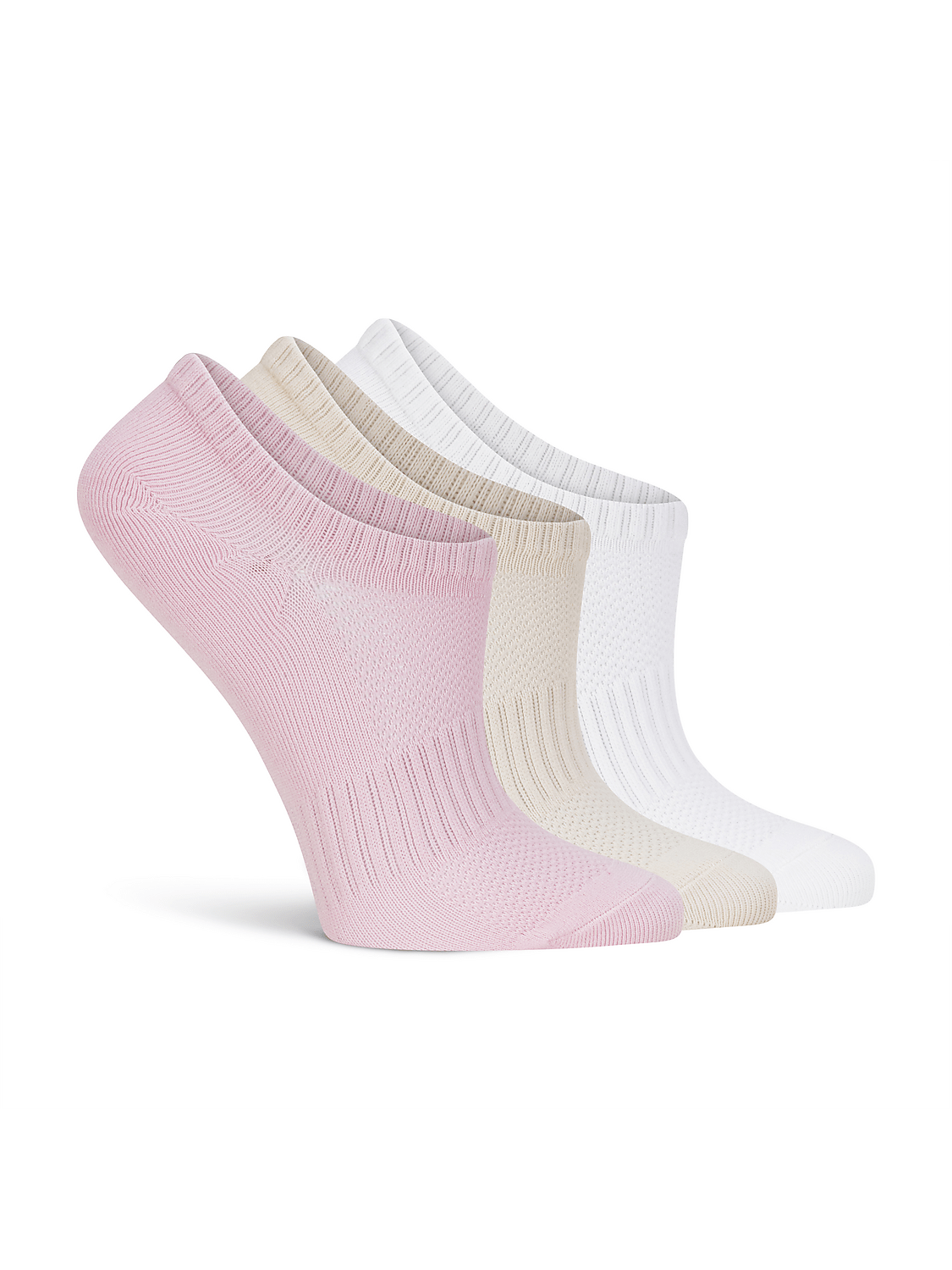 Three pairs of no-show socks in pink, beige, and white are arranged in a row against a plain white background. Product Image 2