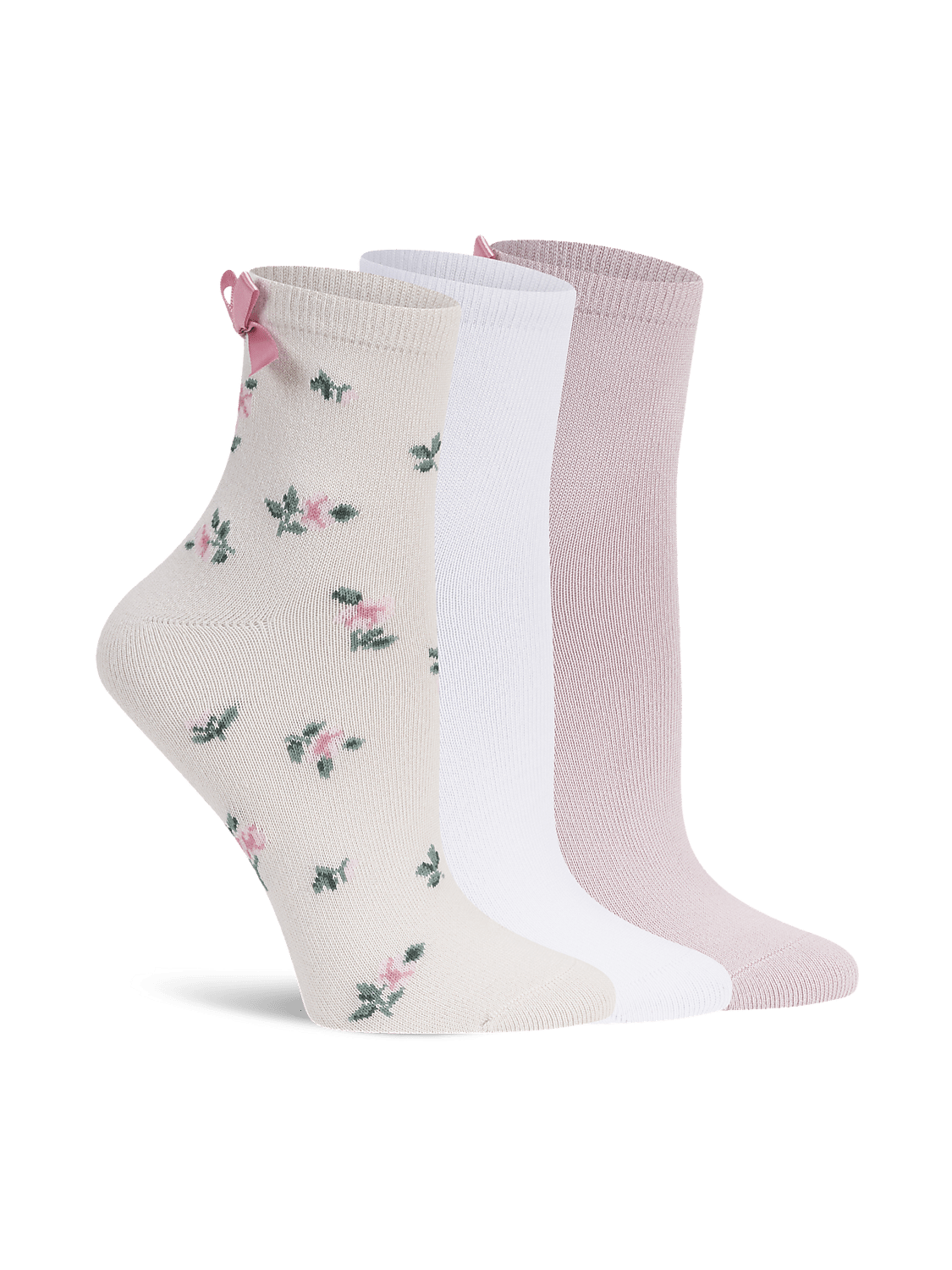 Three pairs of socks, one with a floral pattern and a pink bow, stand in the foreground against a plain white background. Product Image 1