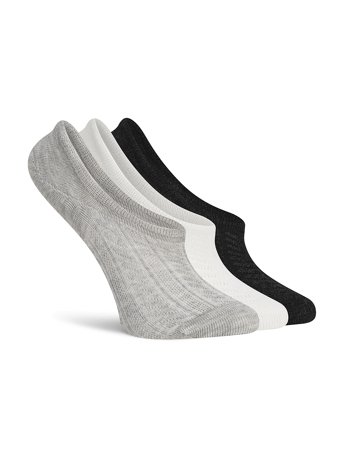 Three no-show socks, one gray with a cable knit pattern, one white, and one black, are arranged diagonally against a plain white background. Product Image 1