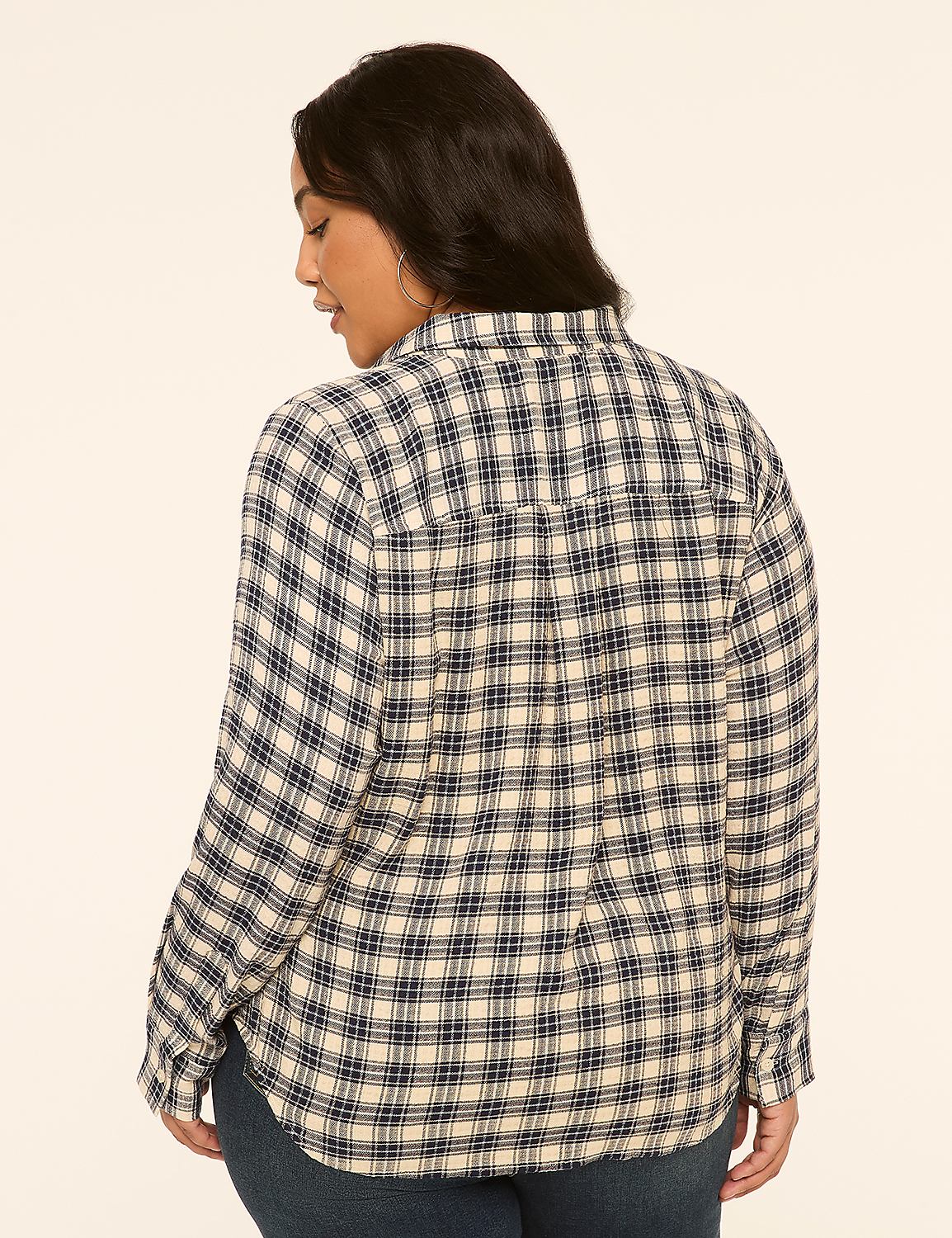 A woman in a blue and white plaid shirt stands against a plain, light-colored background. Product Image 2