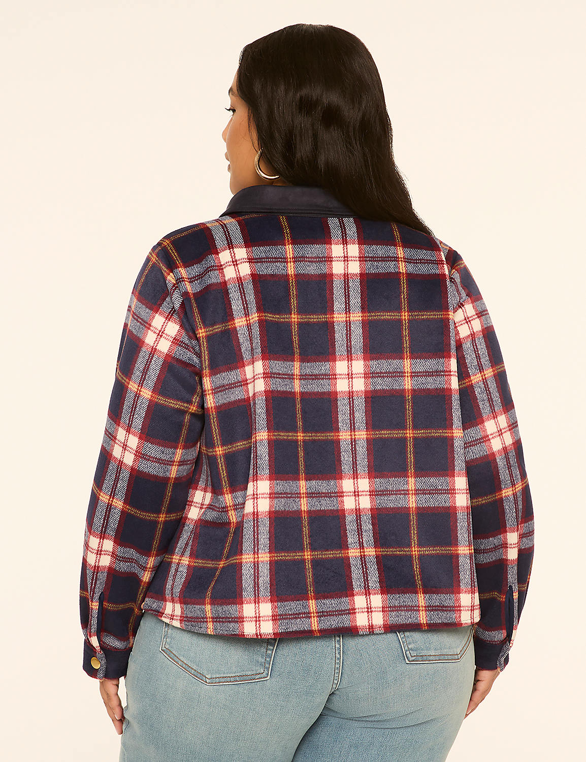 A woman in a plaid jacket and jeans stands against a plain, light-colored background. Product Image 2