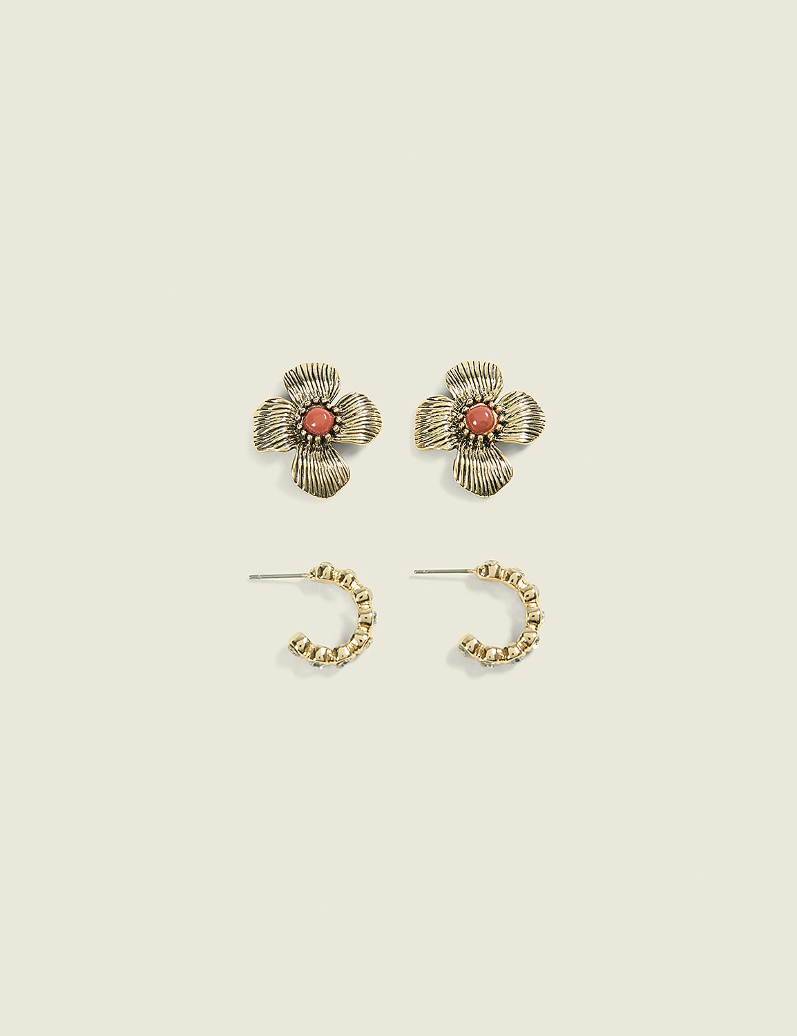 Goldtone Flower & Pave Hoop Earring 2-Pack