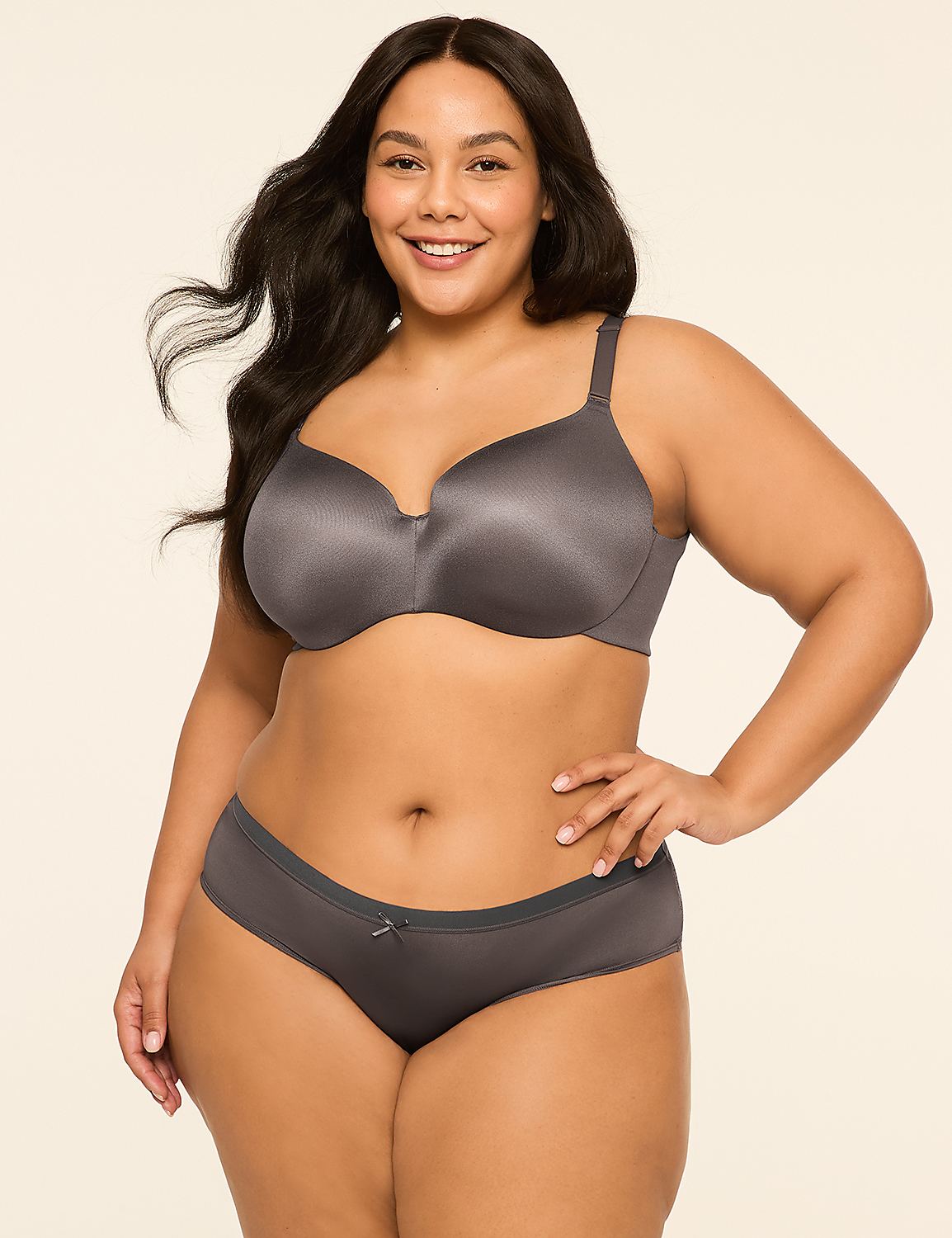 A smiling plus-size woman in a grey bra and underwear stands against a plain, light-colored background. Product Image 4