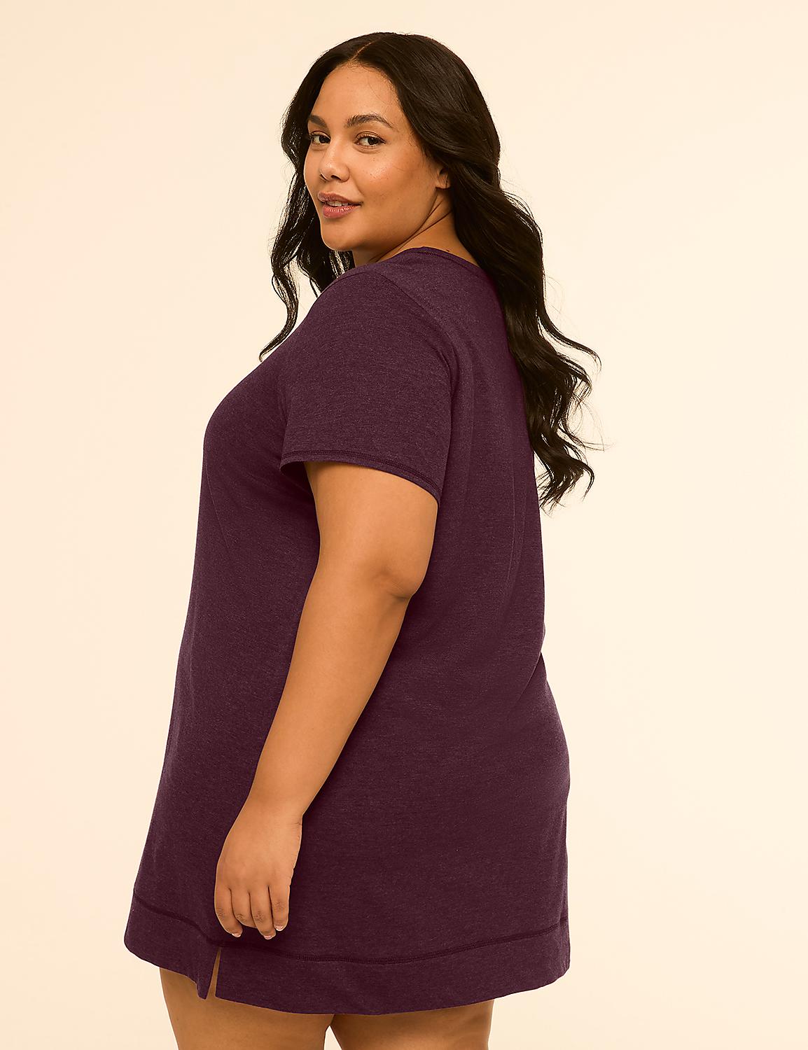 A woman in a purple t-shirt dress stands against a plain, light-colored background. Product Image 2