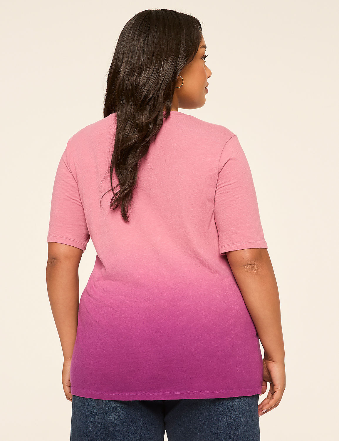 A woman in a pink and purple ombre t-shirt stands against a plain, light-colored background. Product Image 2