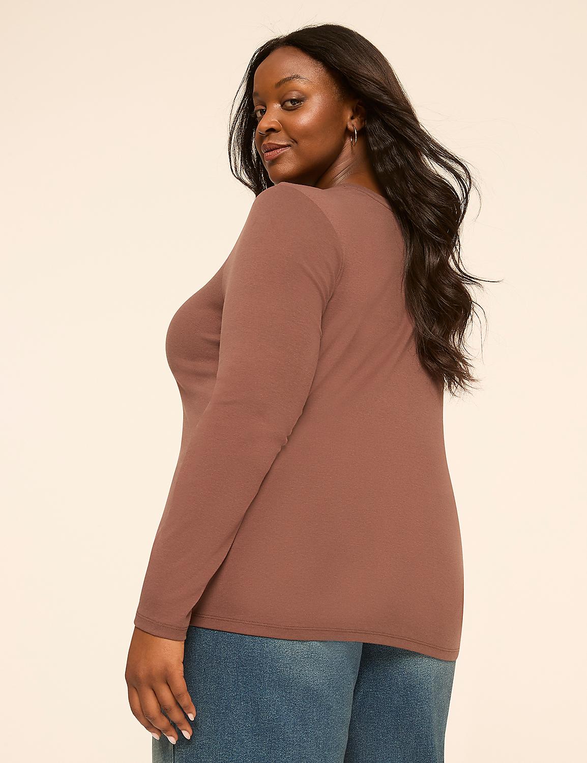 A woman in a brown long-sleeved shirt and blue jeans poses against a plain, light-colored background. Product Image 2