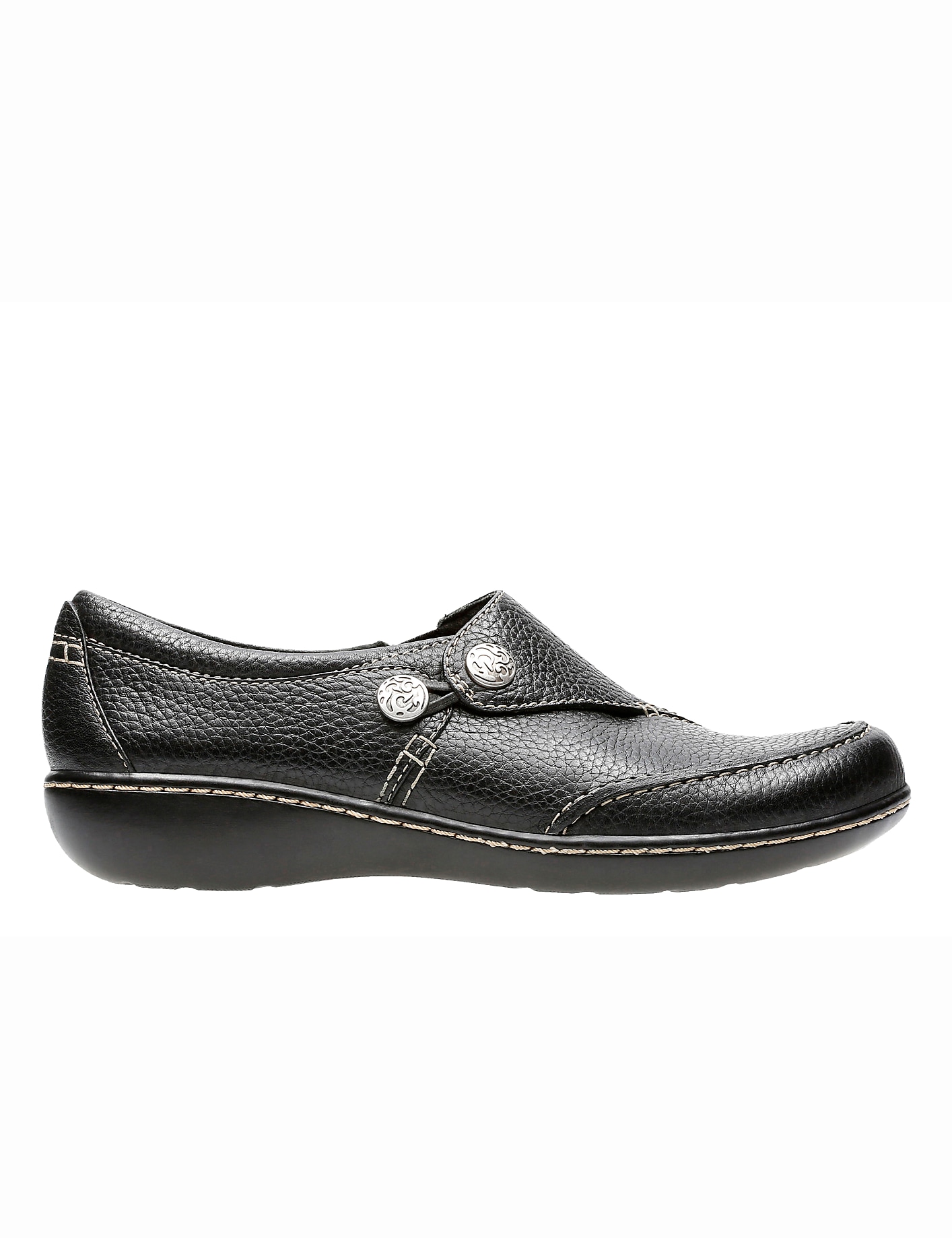 A black leather slip-on shoe with decorative buttons sits on a white background. Product Image 1