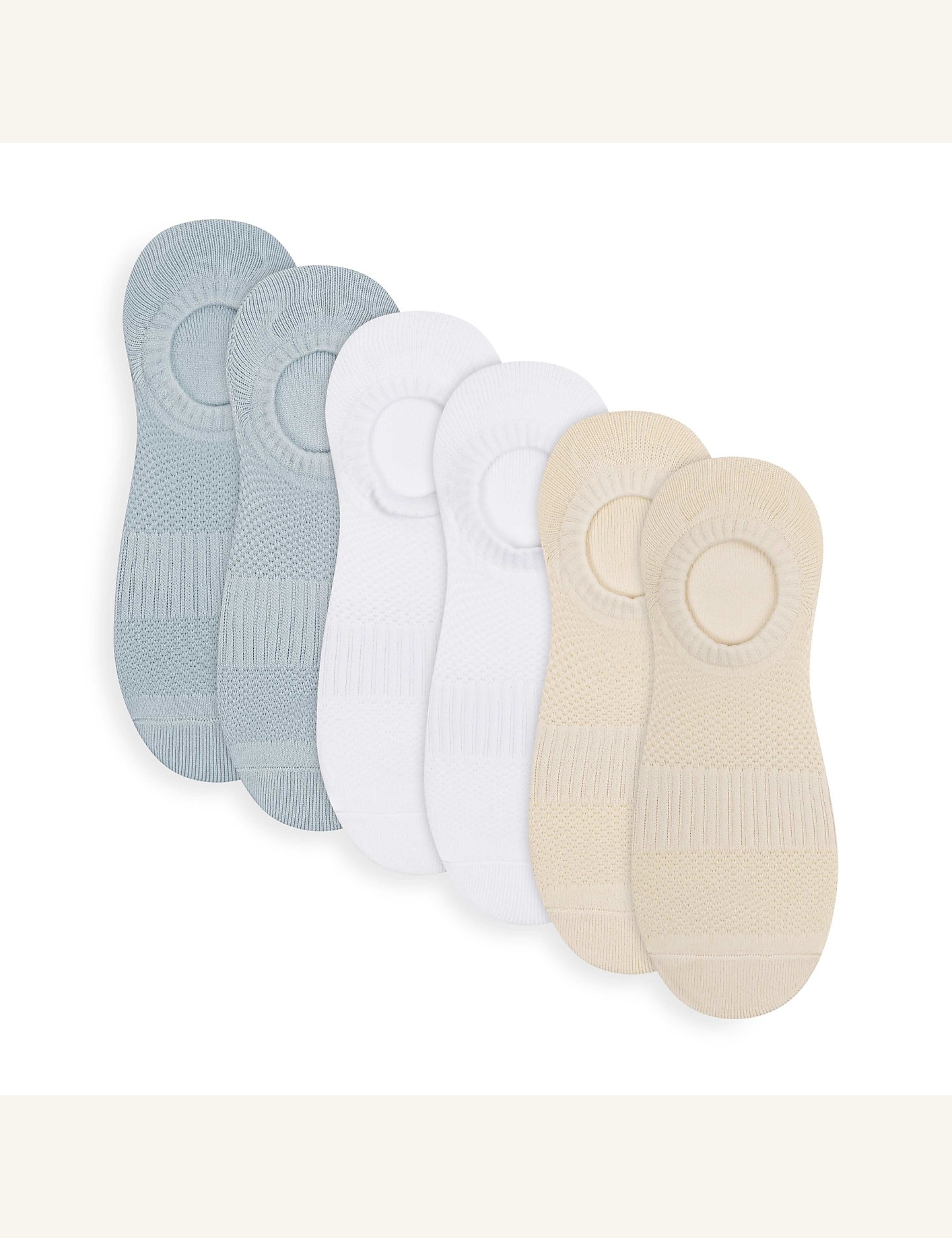A set of six no-show socks in light blue, white, and beige are arranged diagonally against a plain white background. Product Image 1