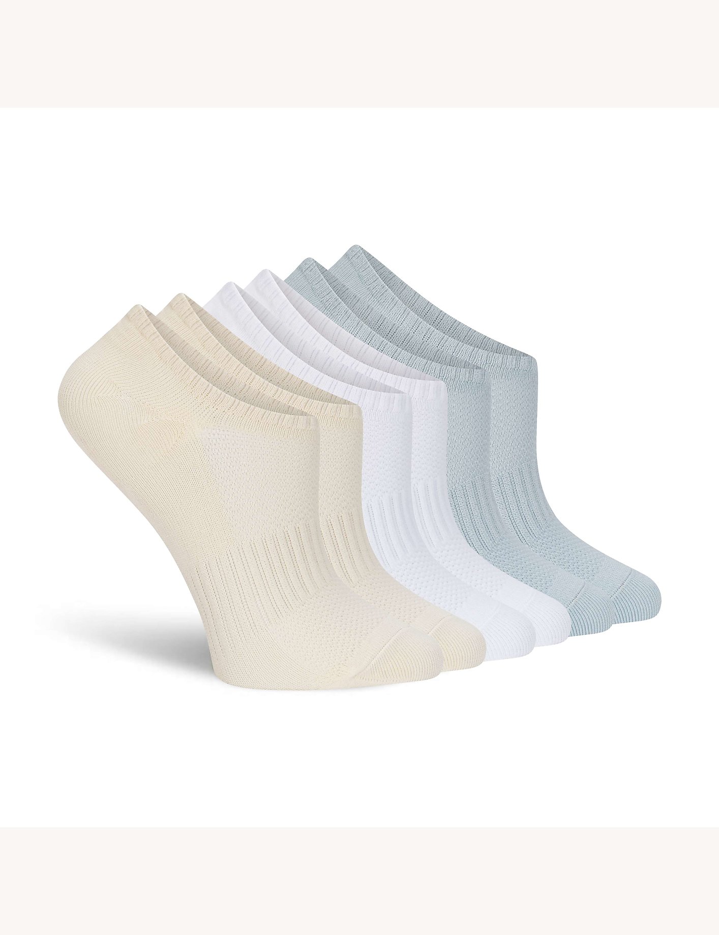 A row of five no-show socks in cream, white, and light blue are arranged diagonally against a plain white background. Product Image 2