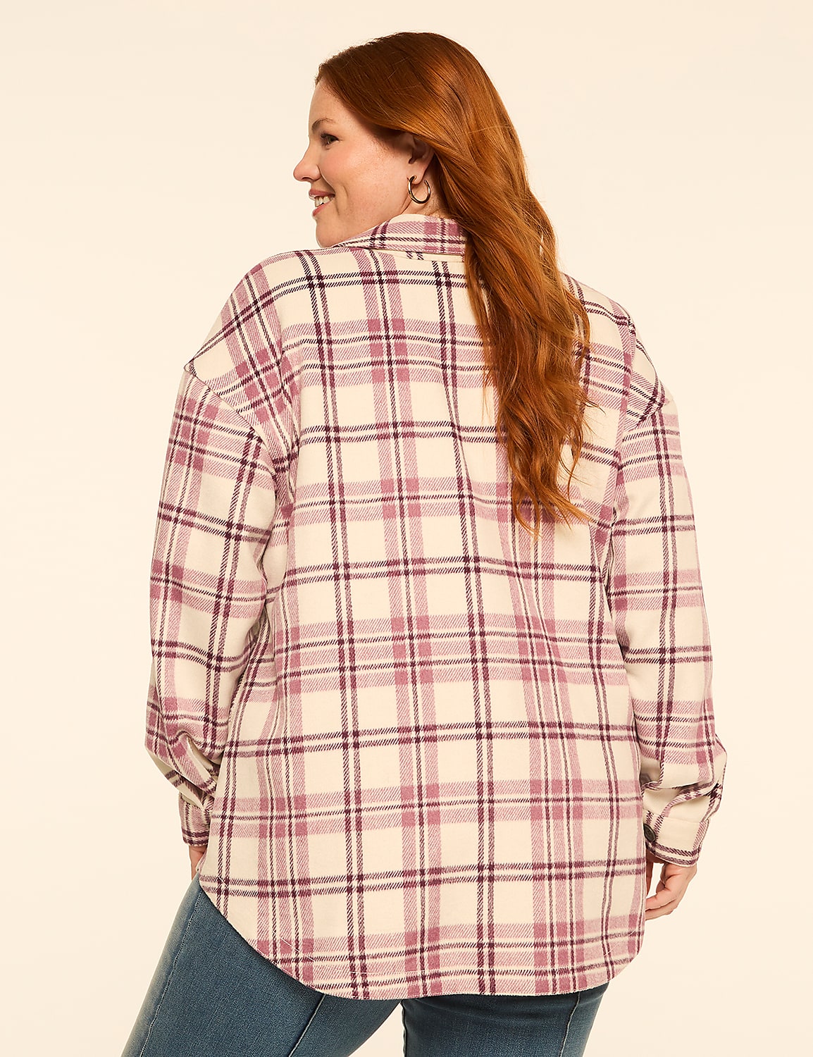 A woman with red hair wearing a cream and purple plaid shirt is shown from the back against a plain cream background. Product Image 2