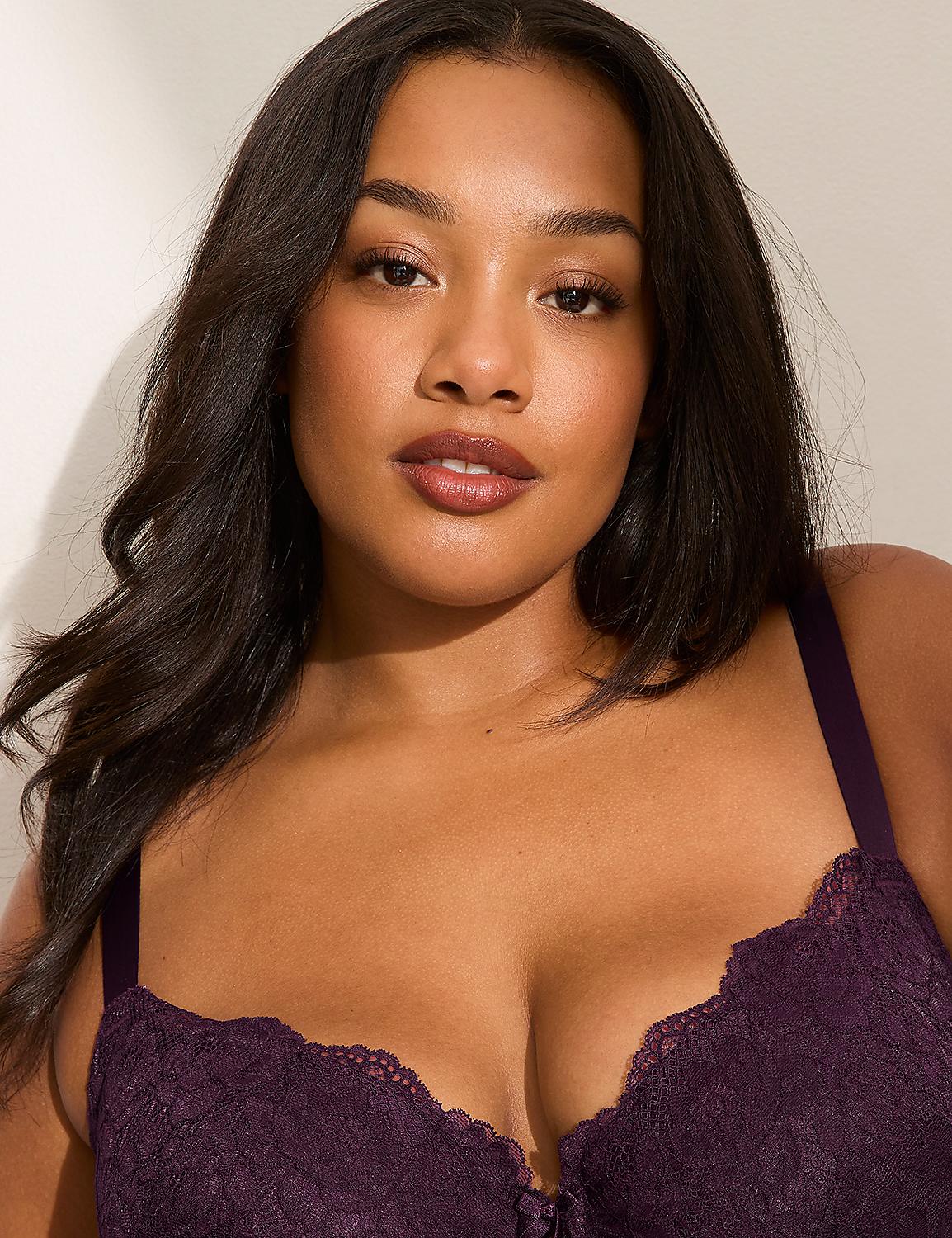 A woman with dark hair and makeup poses in a purple lace bra against a plain white background. Product Image 2