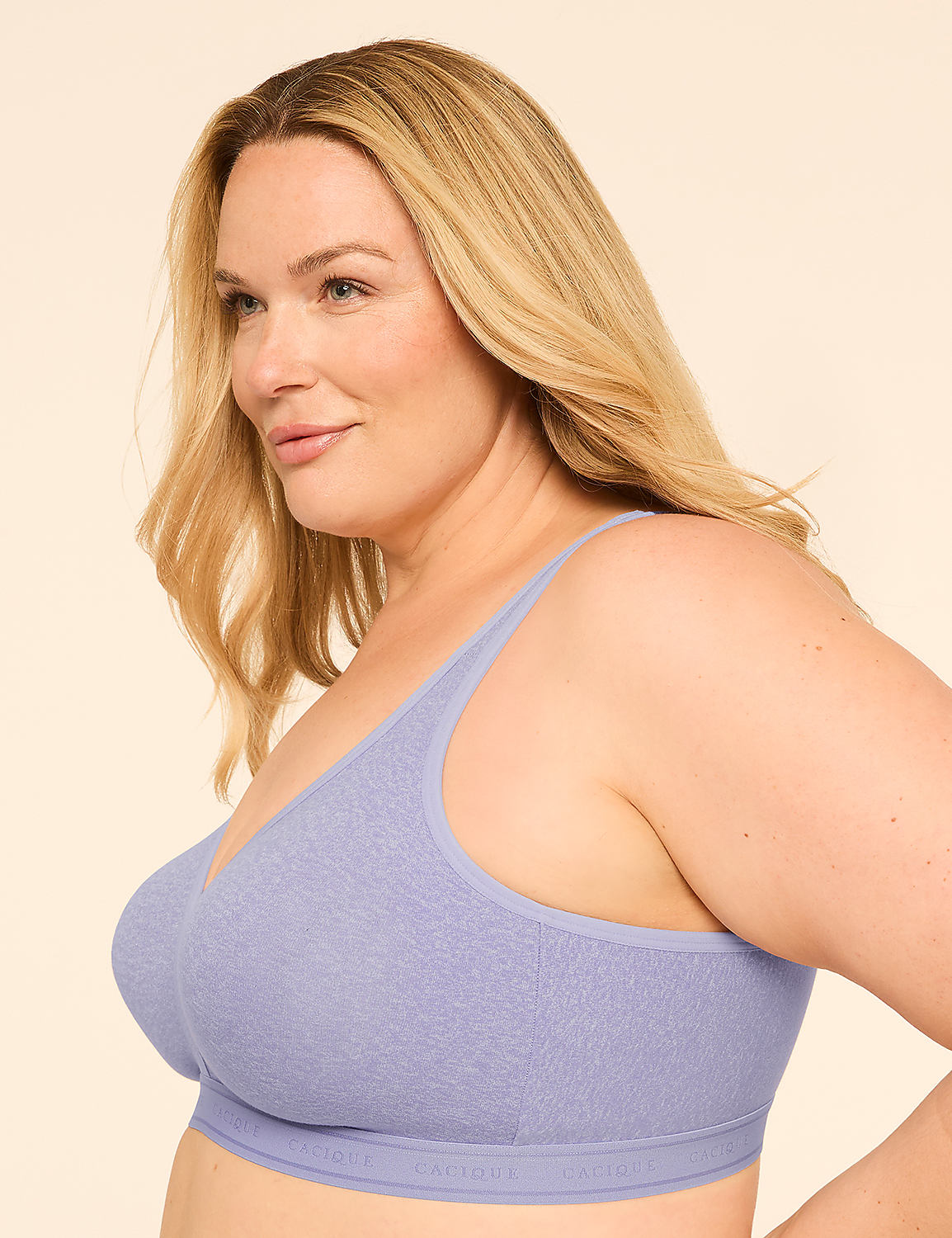 A woman with blonde hair and fair skin wears a light purple bra, with a plain beige background. Product Image 3