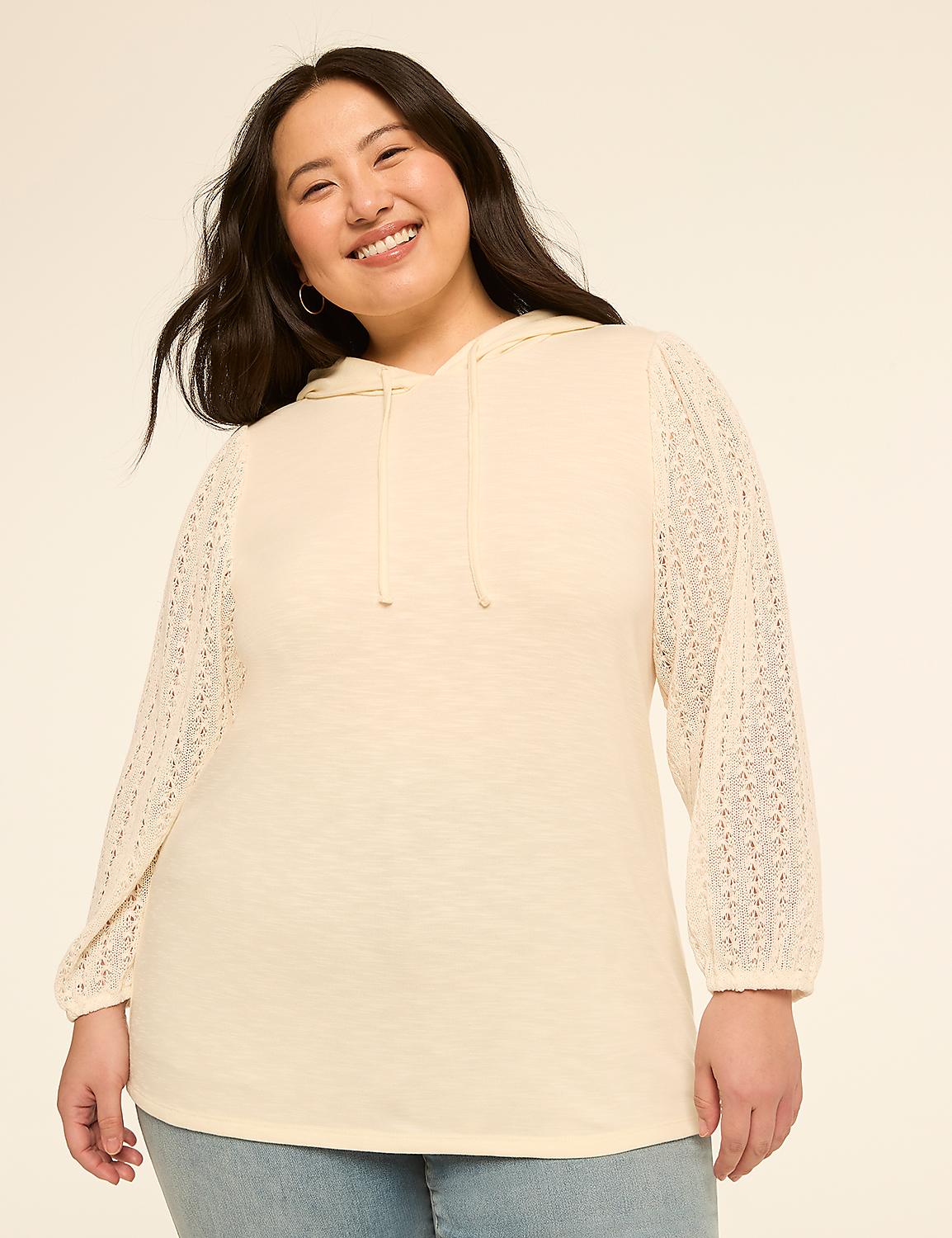 A smiling woman in a cream-colored hoodie with lace sleeves stands against a plain, light background. Product Image 1