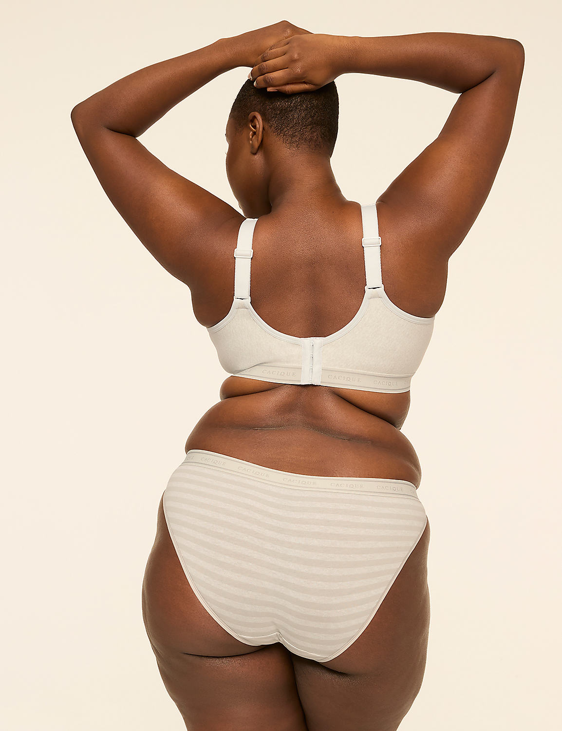 A person with dark skin stands with their back to the camera, wearing a light-colored bra and striped underwear, against a plain, light background. Product Image 2