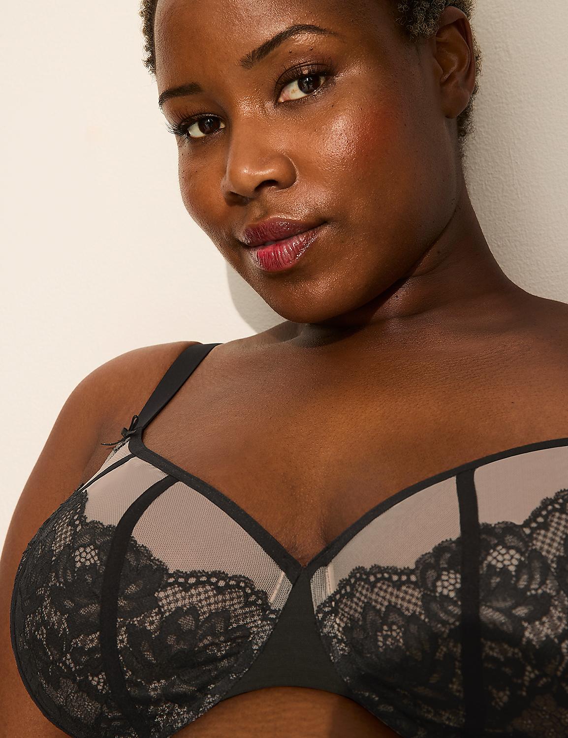 A woman with dark skin and short hair poses in a black lace bra against a plain, light-colored background. Product Image 2