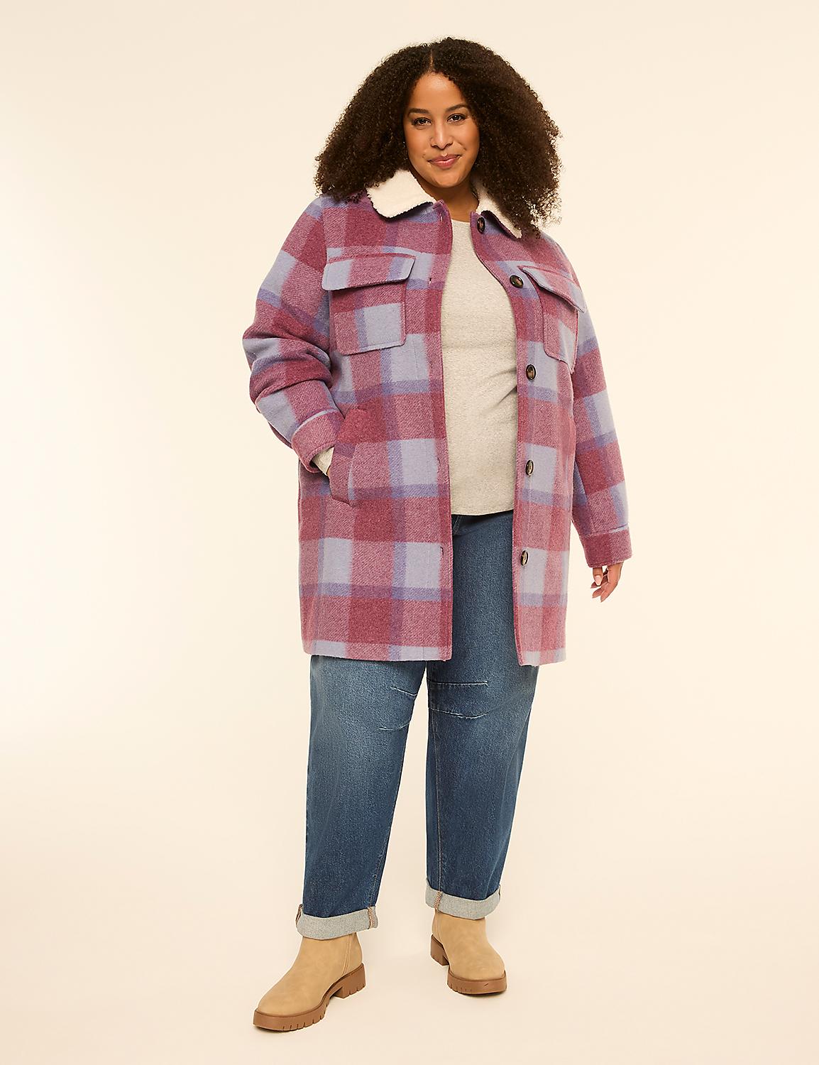 A woman in a plaid jacket and jeans stands against a plain, light-colored background. Product Image 3