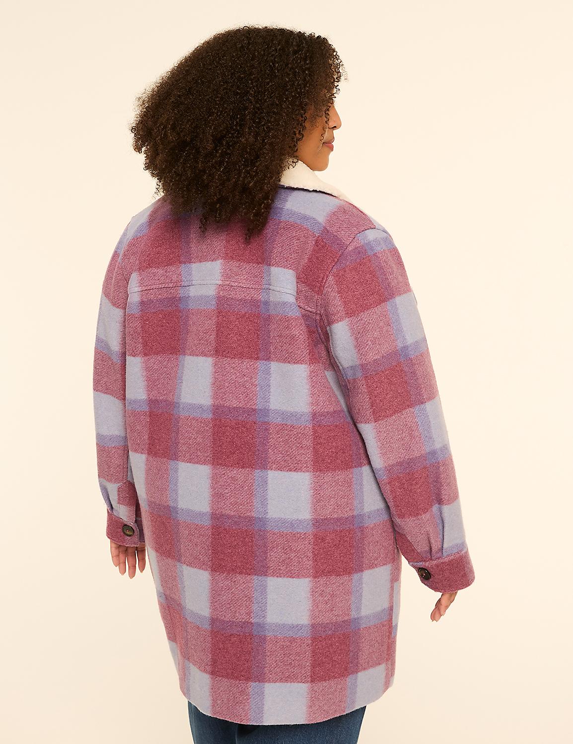 A woman in a pink and purple plaid jacket stands against a plain beige background. Product Image 2