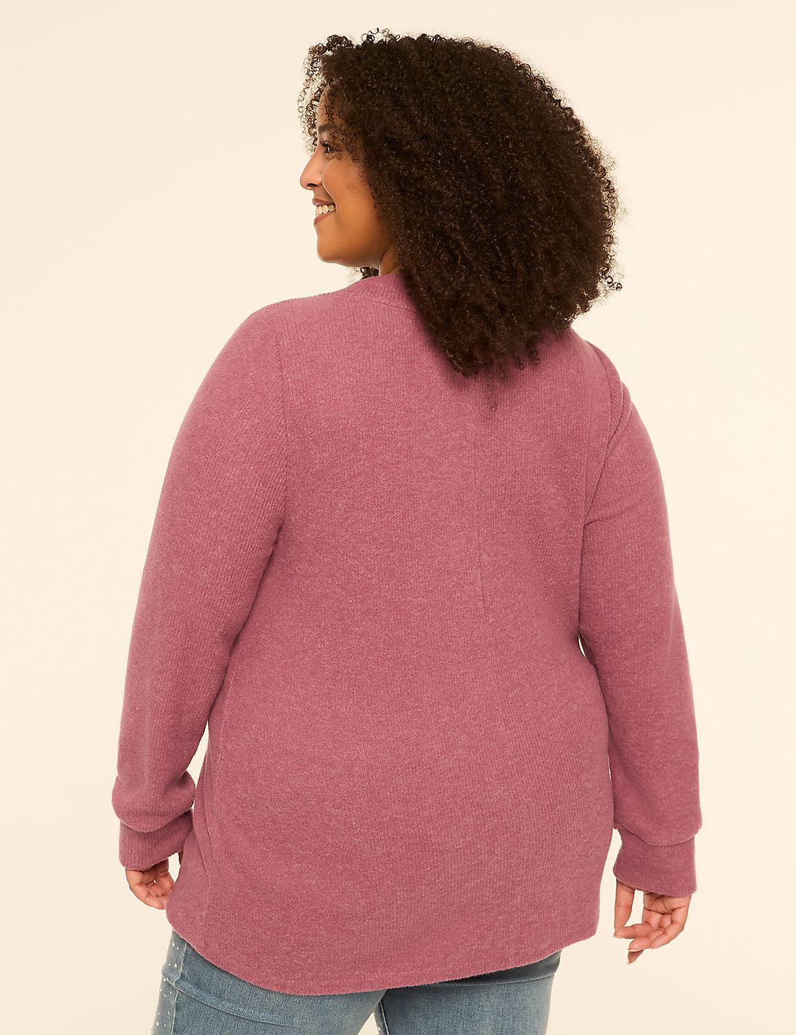 A woman in a mauve cardigan and jeans stands against a plain, light-colored background. Product Image 2