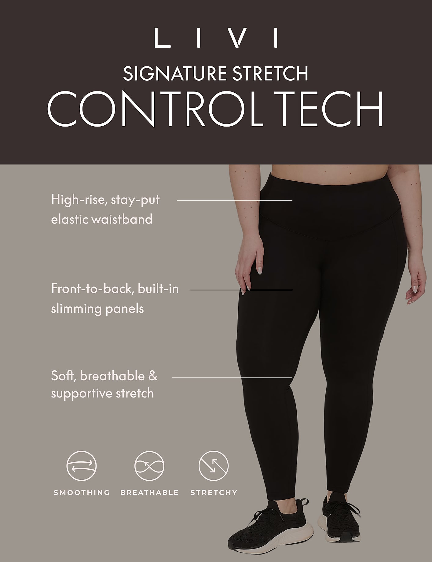 A woman models black leggings with text highlighting their features against a plain background. Product Image 5