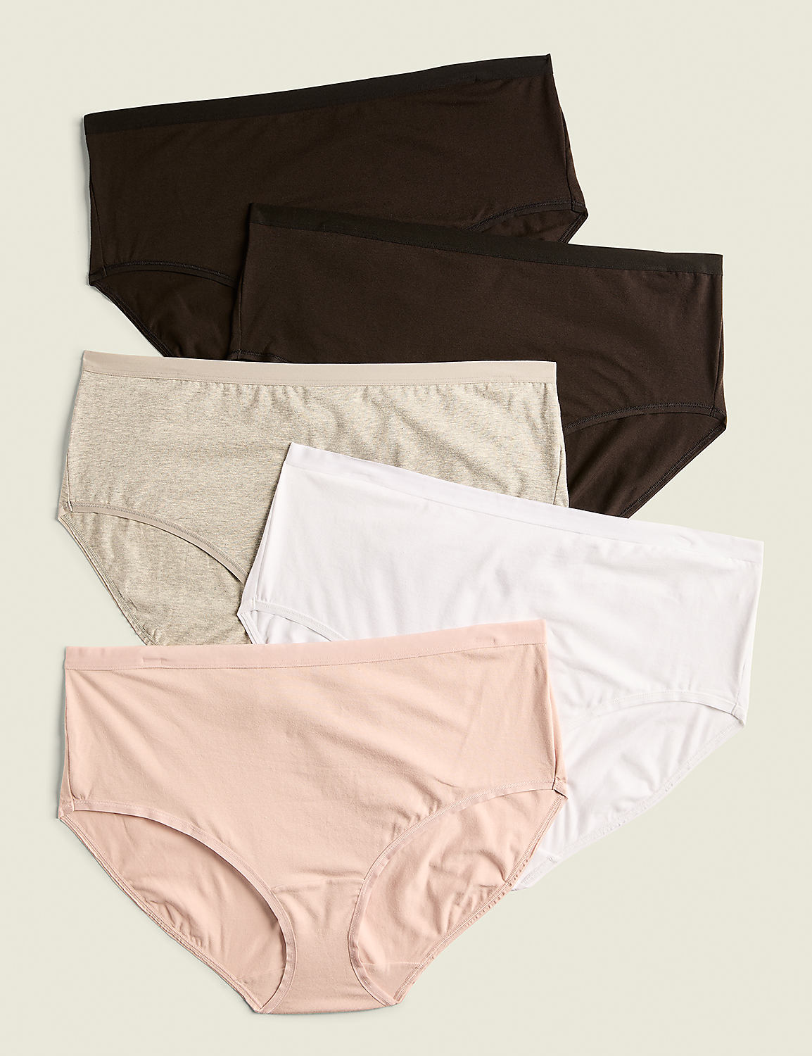 A stack of five pairs of women's underwear in various colors, including brown, grey, white, and pink, are laid out against a plain, light-colored background. Product Image 1