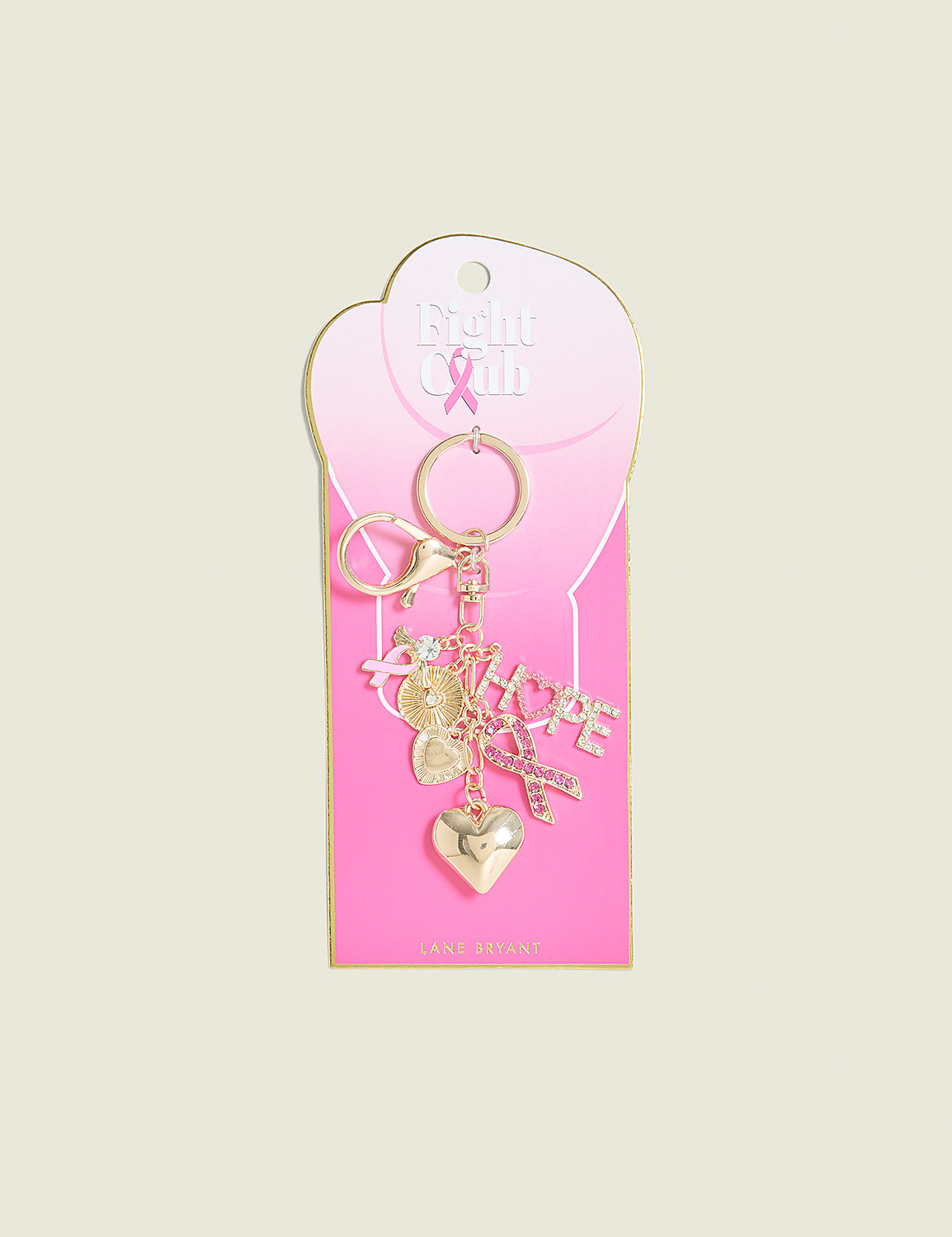 A gold keychain with various charms, including a heart and the word "hope," hangs from a pink card with a breast cancer awareness ribbon, set against a pale pink background. Product Image 1