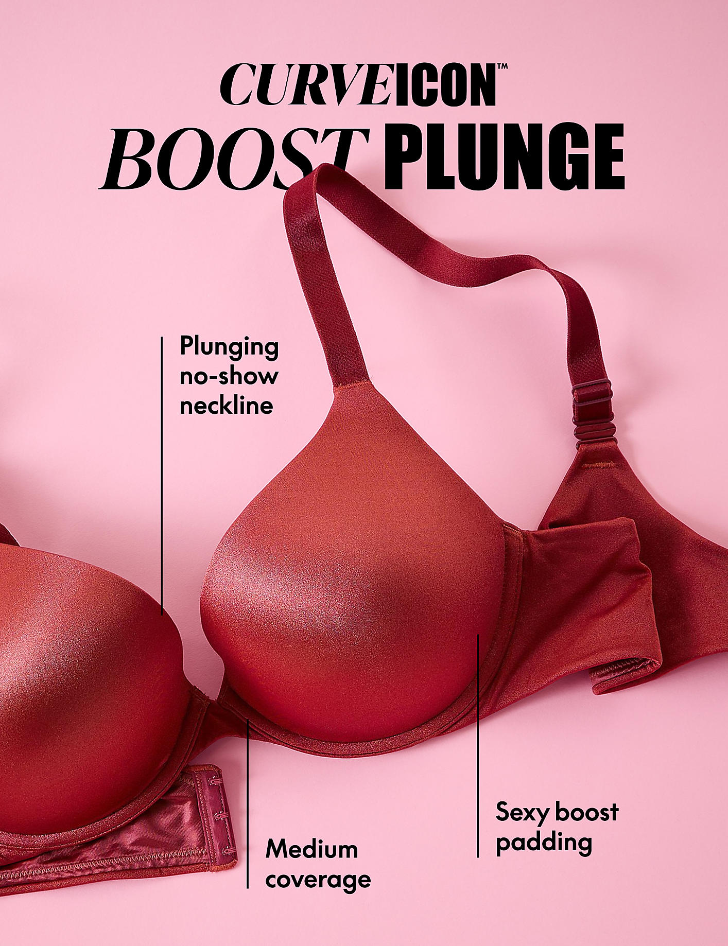 A maroon bra with descriptive labels is displayed against a plain pink background. Product Image 6