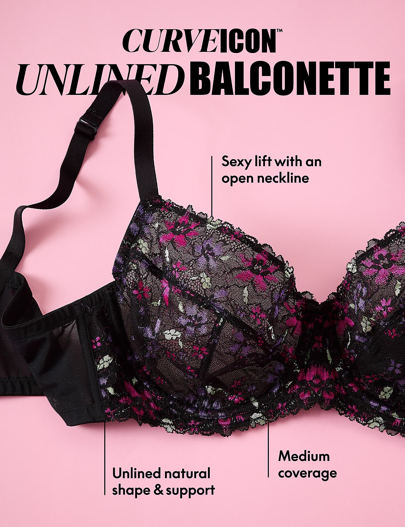 A black unlined balconette bra with floral lace detailing is displayed against a pink background, with text highlighting its features. Product Image 5