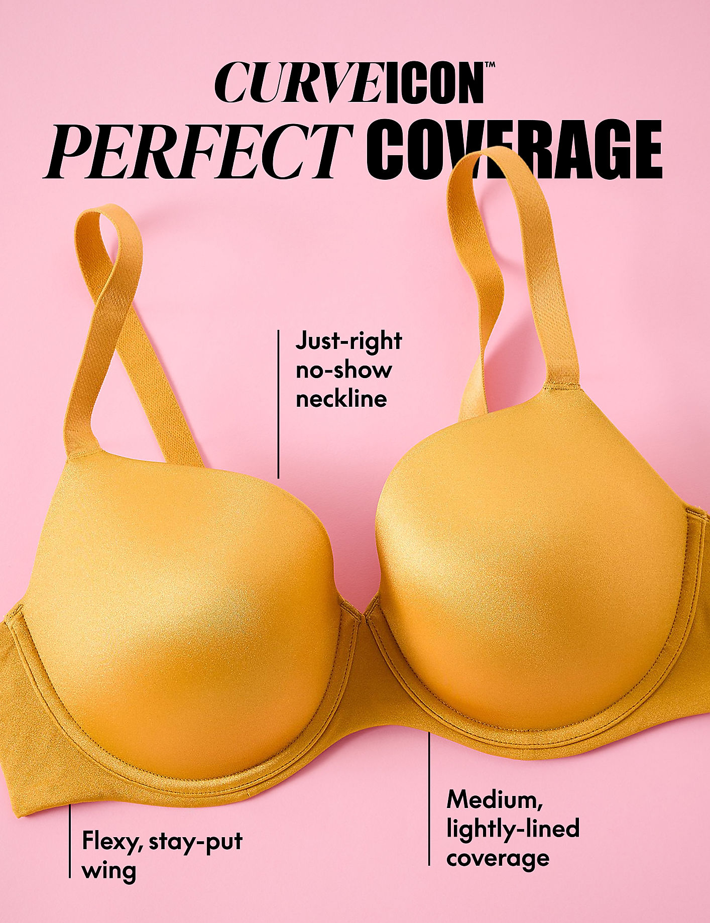 A mustard yellow bra with text overlays is displayed against a bright pink background. Product Image 6