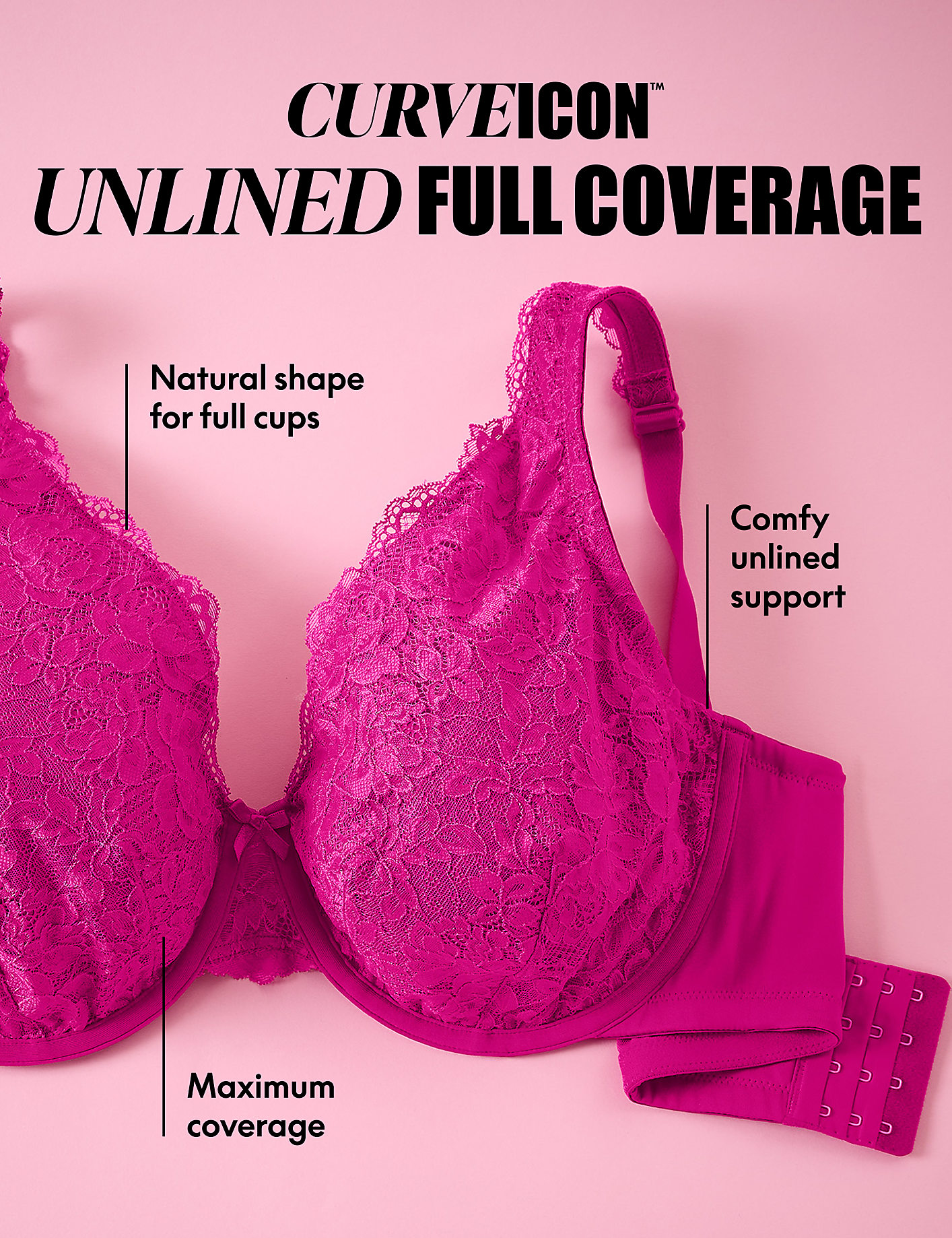 A fuchsia lace bra with text overlays highlighting its features is presented against a soft pink background. Product Image 6