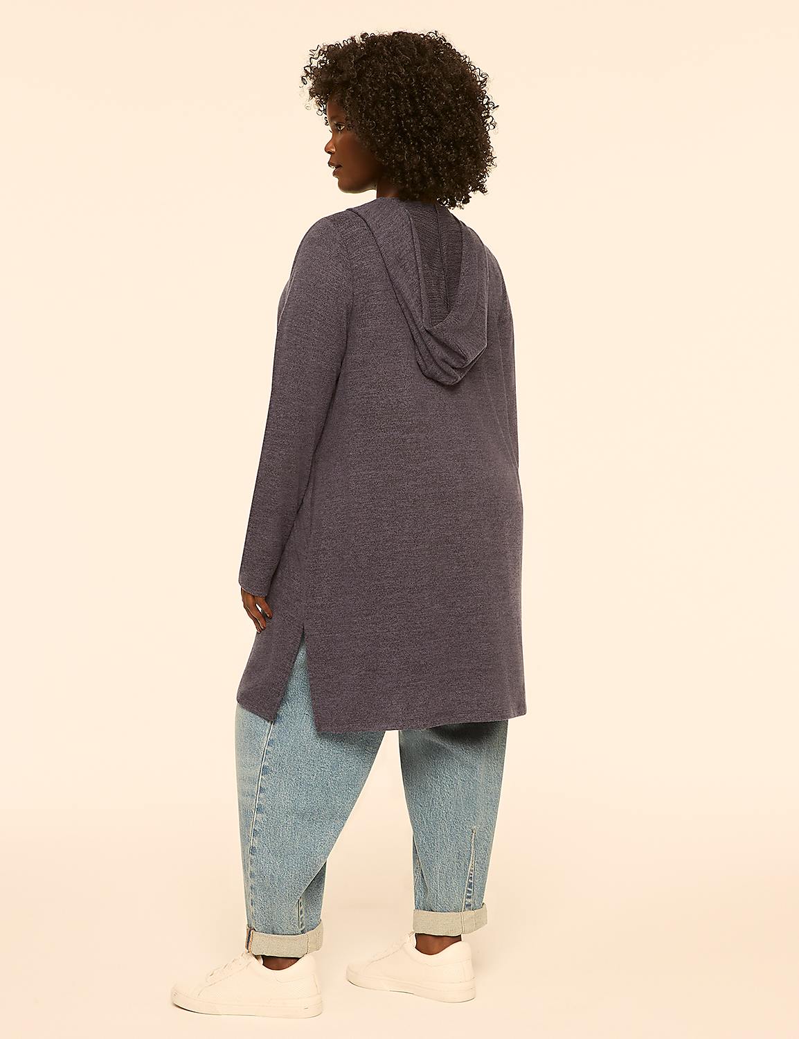 A woman in a blue hooded cardigan stands against a plain, light-colored background. Product Image 2