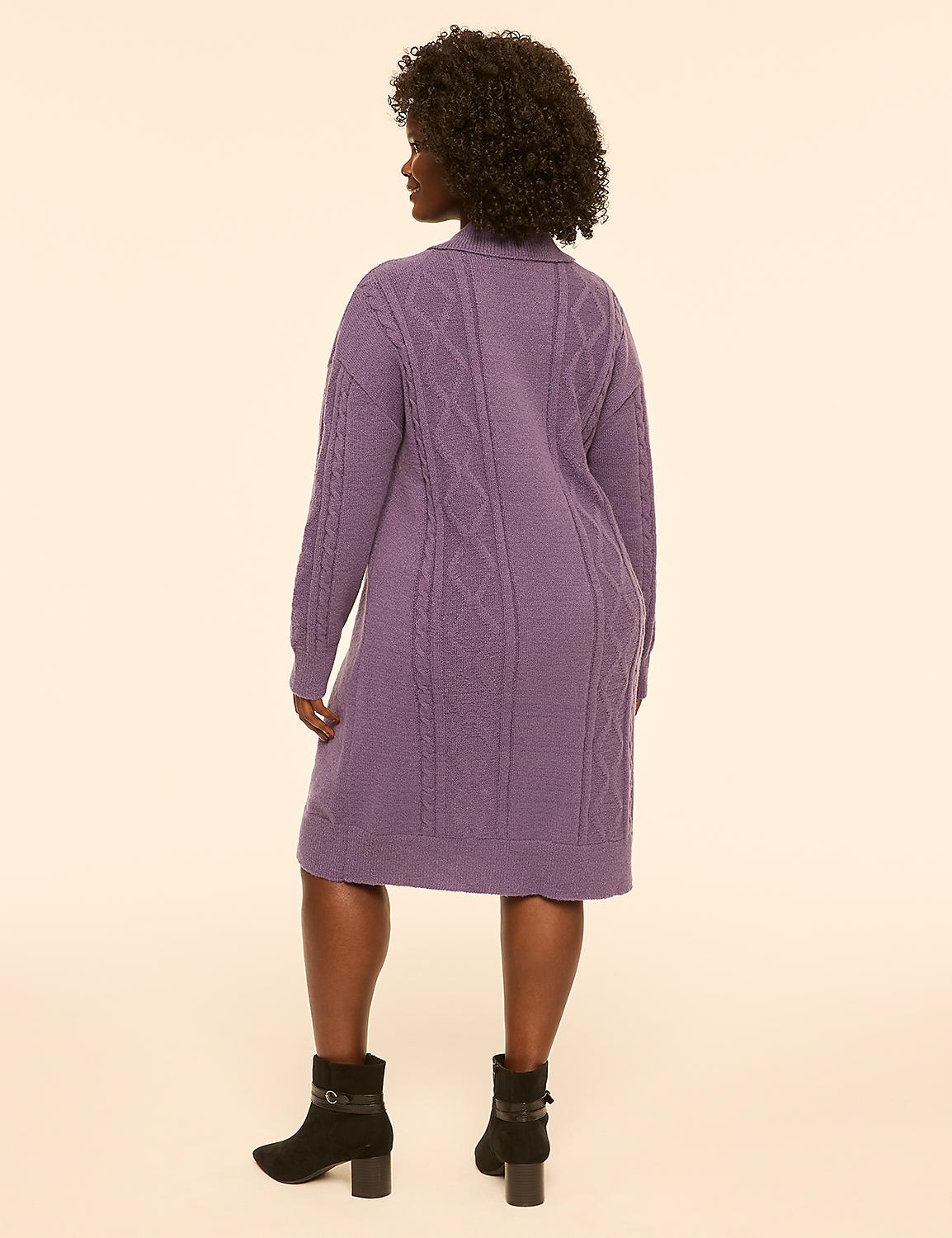 A woman in a purple cable-knit dress and black boots stands against a plain, light-colored background. Product Image 2