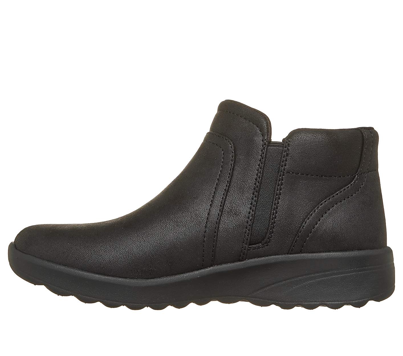 A black ankle boot with elastic side panels rests on a white background. Product Image 3