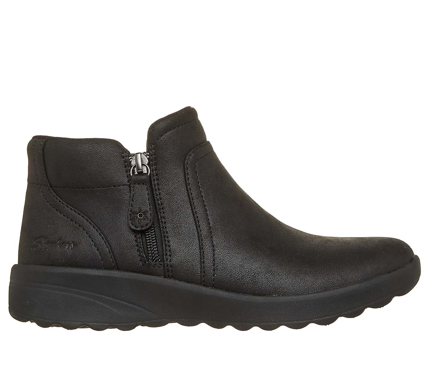A black leather ankle boot with a side zipper sits on a black sole against a plain white background. Product Image 1