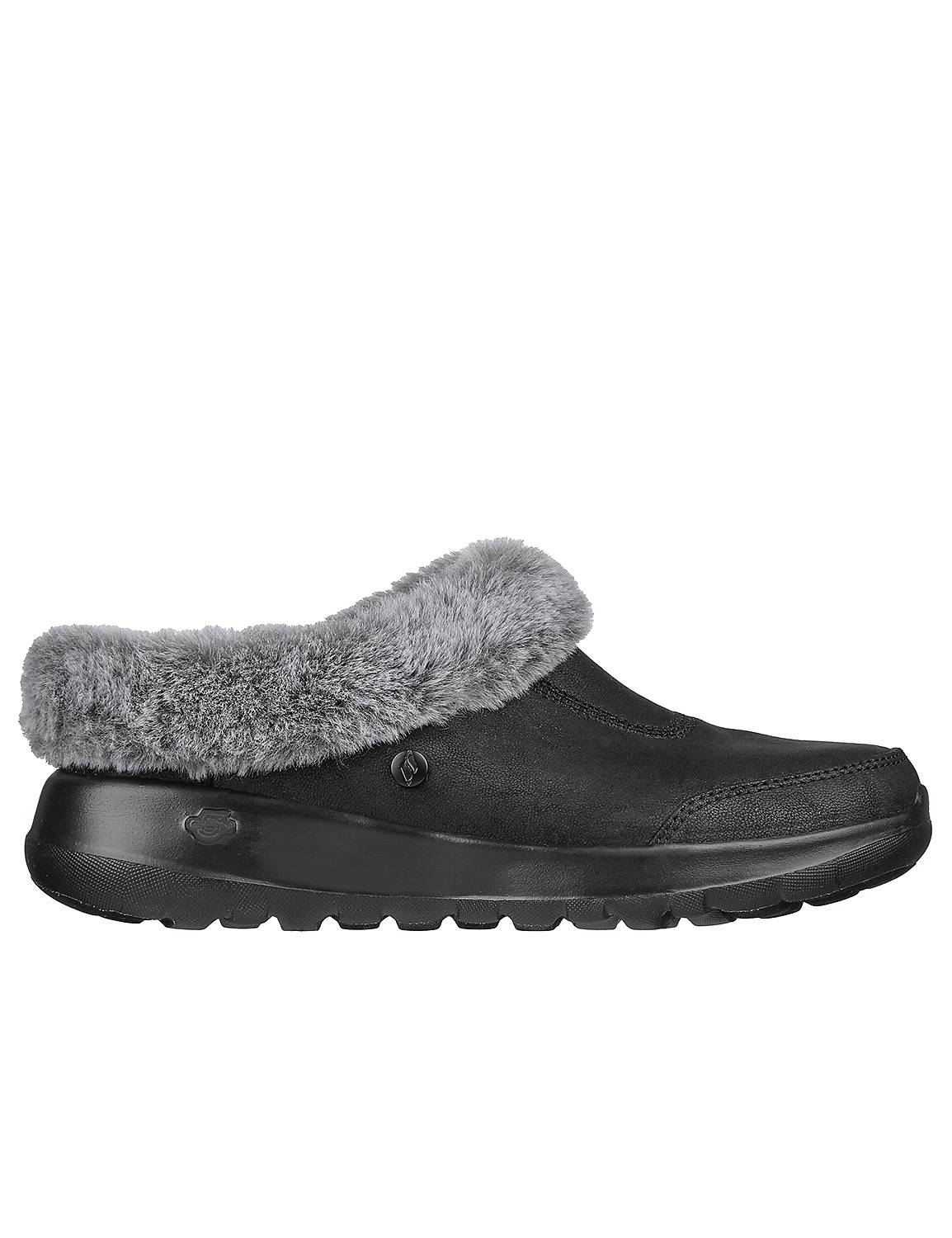 A black mule slipper with a gray fur trim rests on a white background. Product Image 3