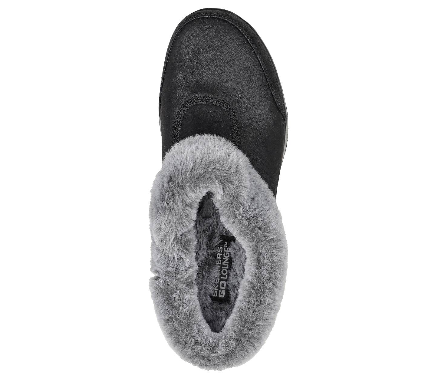 A black slipper with a gray fur lining is shown from above against a white background. Product Image 4
