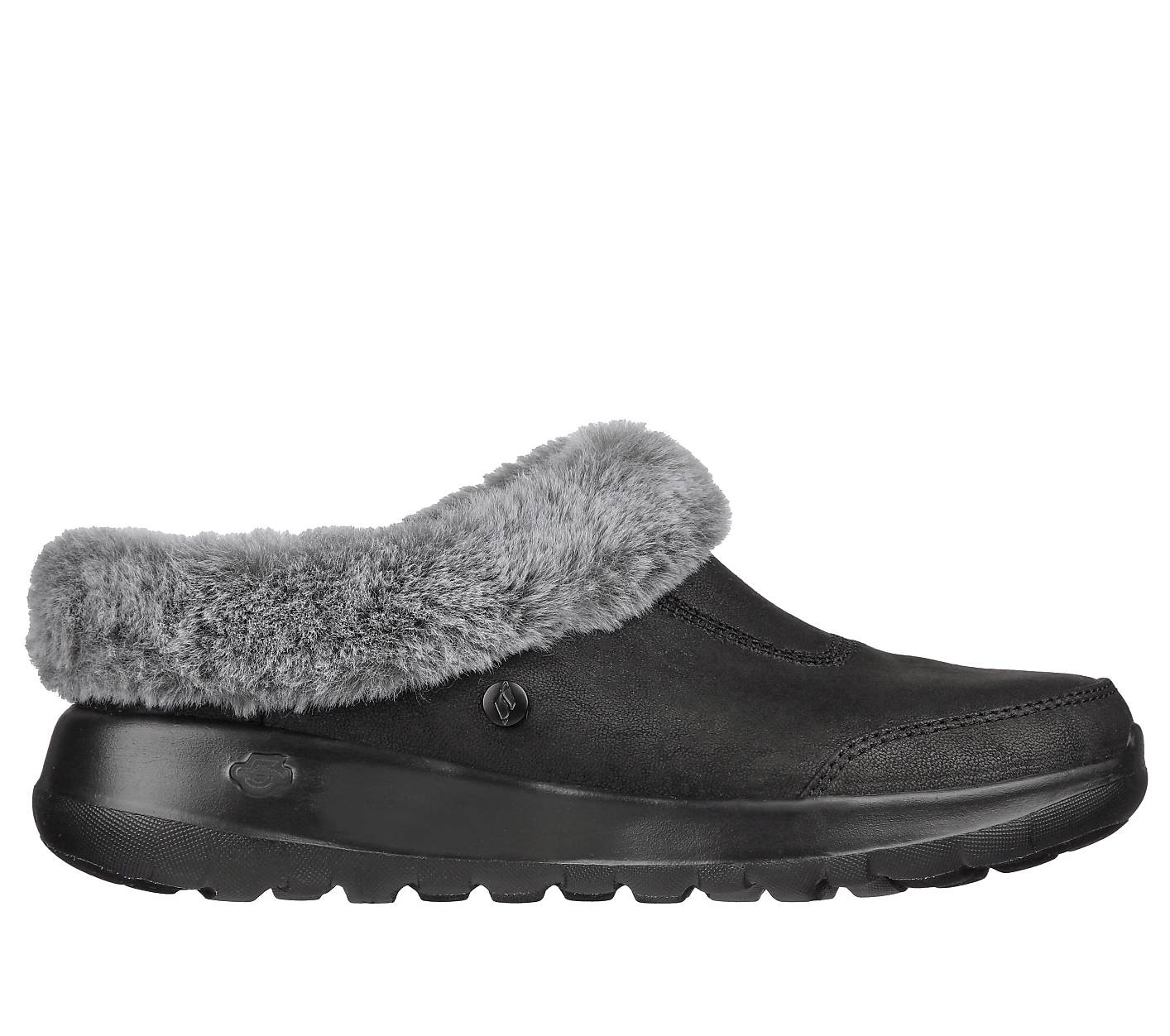A black mule shoe with a grey fur lining rests on a white background. Product Image 1