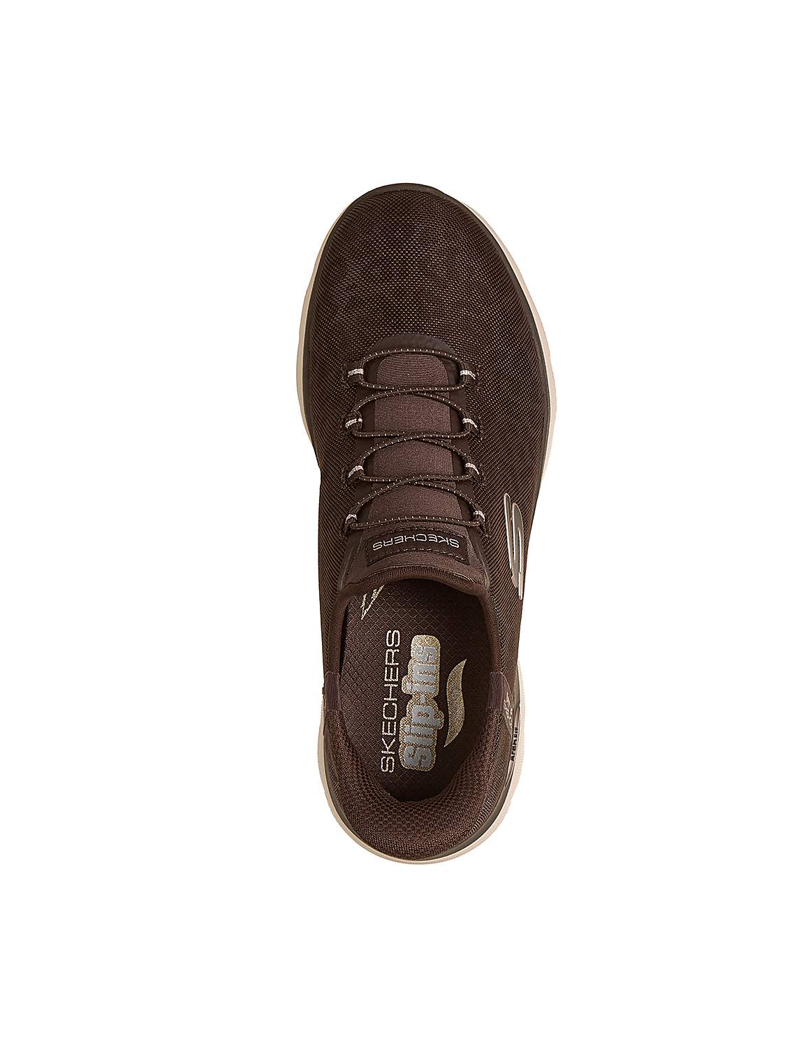 A brown Skechers sneaker with white laces is shown from a top-down view against a plain white background. Product Image 2