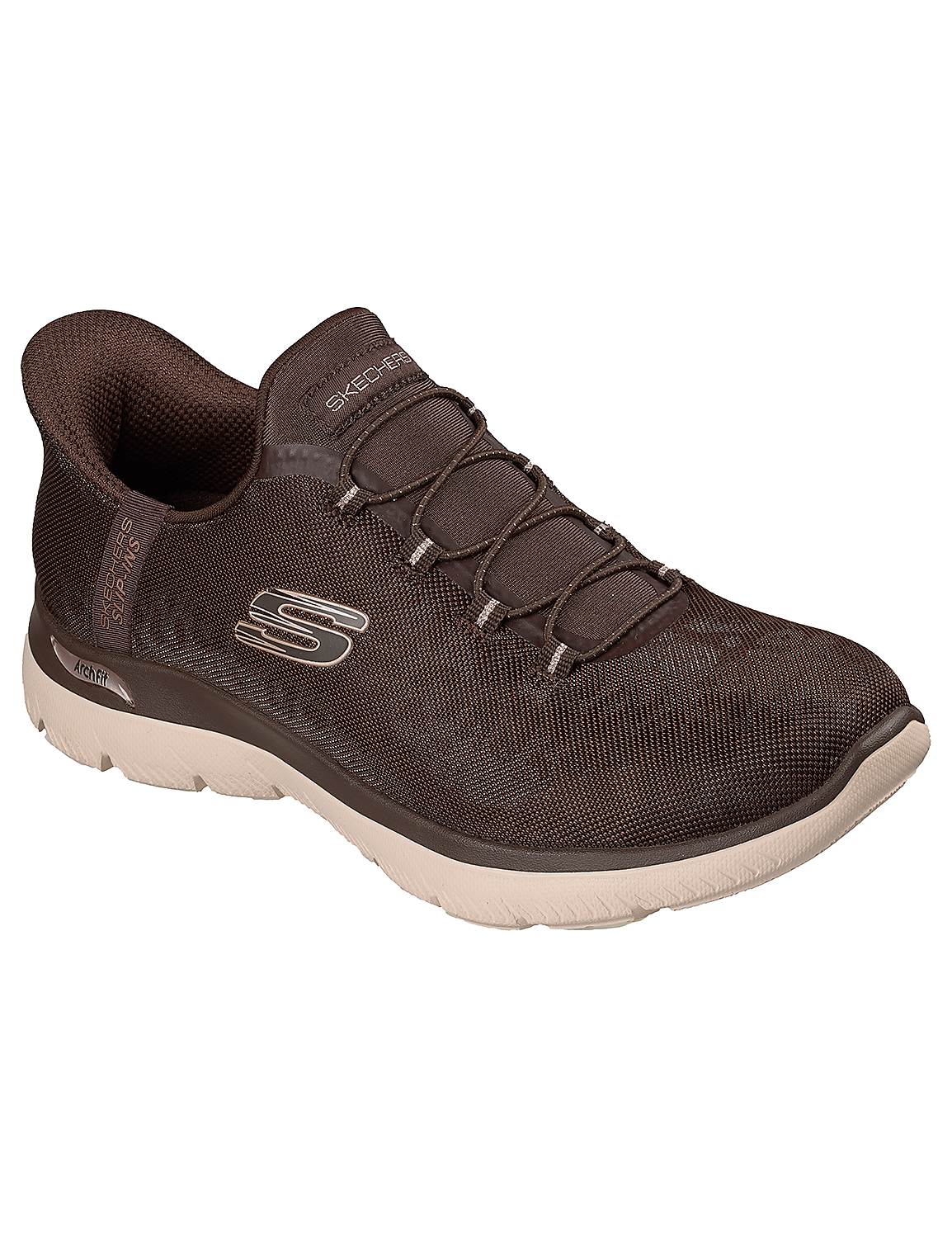 A brown Skechers slip-on sneaker with a white sole is presented against a plain white background. Product Image 3