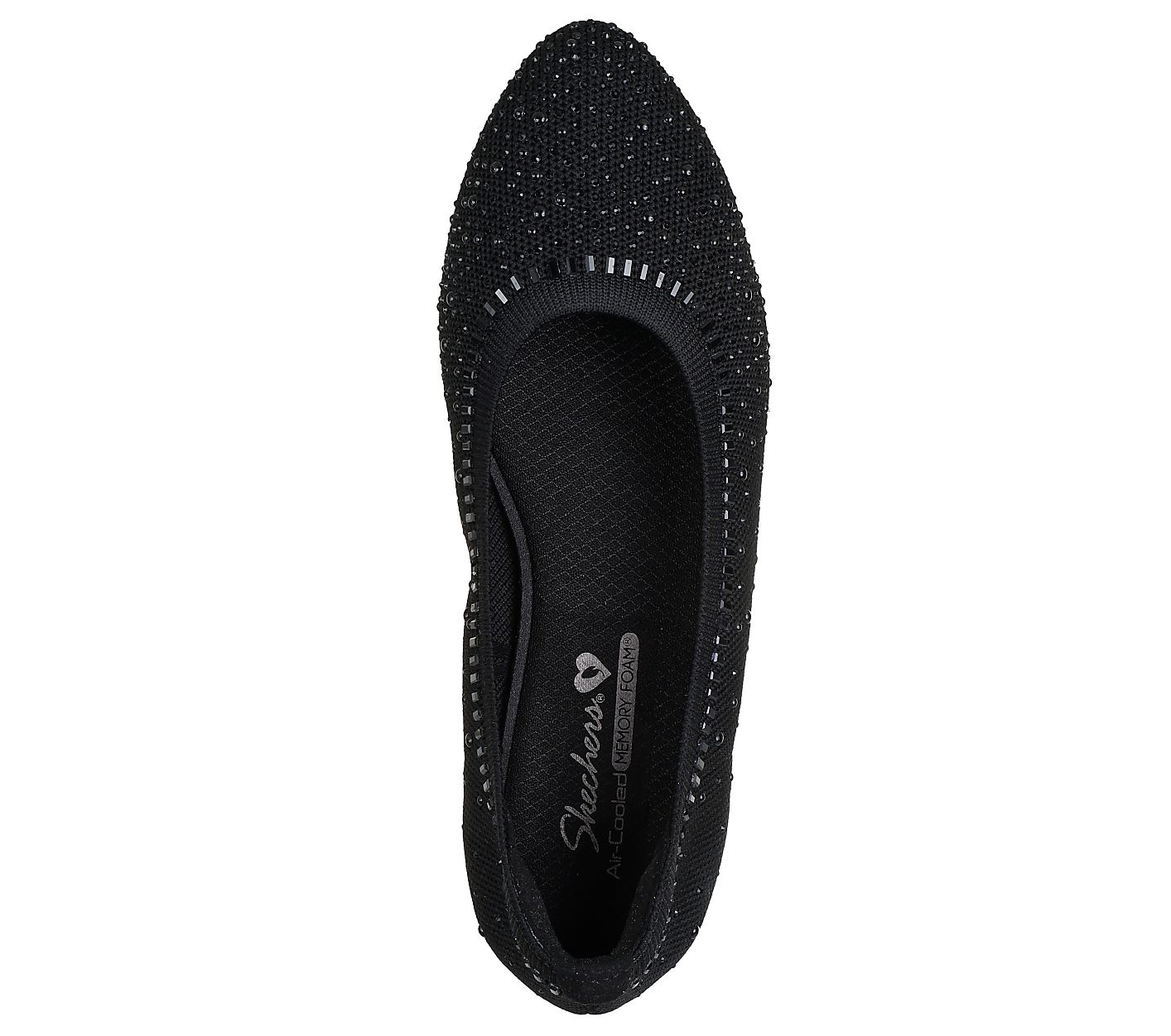 A black, pointed-toe flat shoe adorned with rhinestones sits on a plain white background. Product Image 2