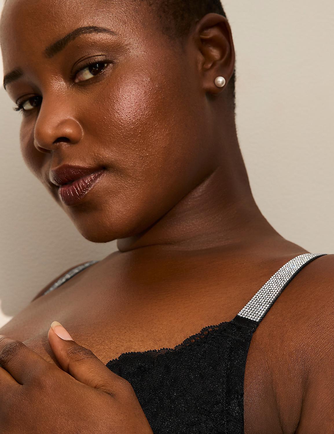 A woman with dark skin and short hair, wearing a black lace bra with sparkly straps, is shown in close-up against a plain background. Product Image 2
