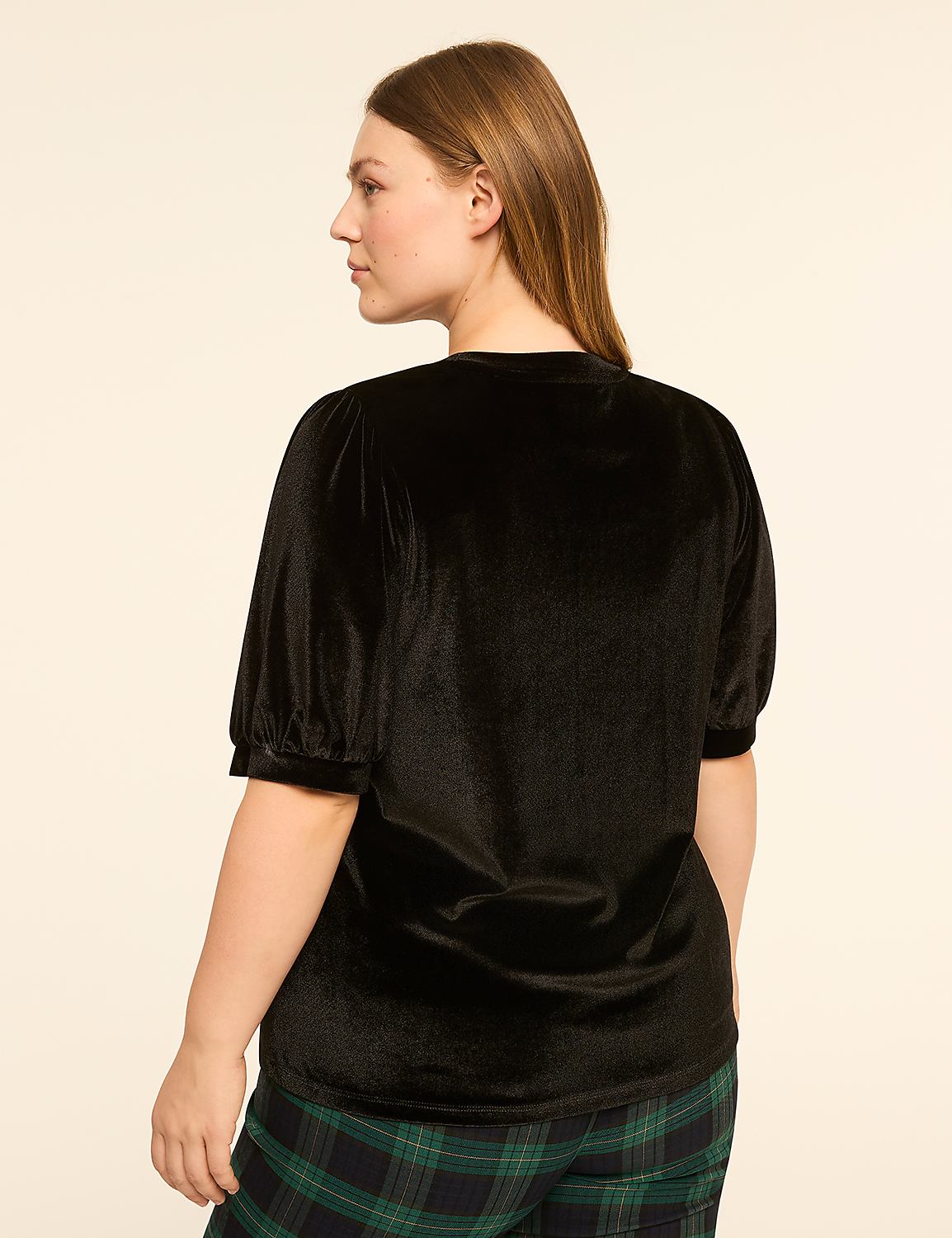 A woman in a black velvet top and plaid pants stands against a plain, light-colored background. Product Image 2