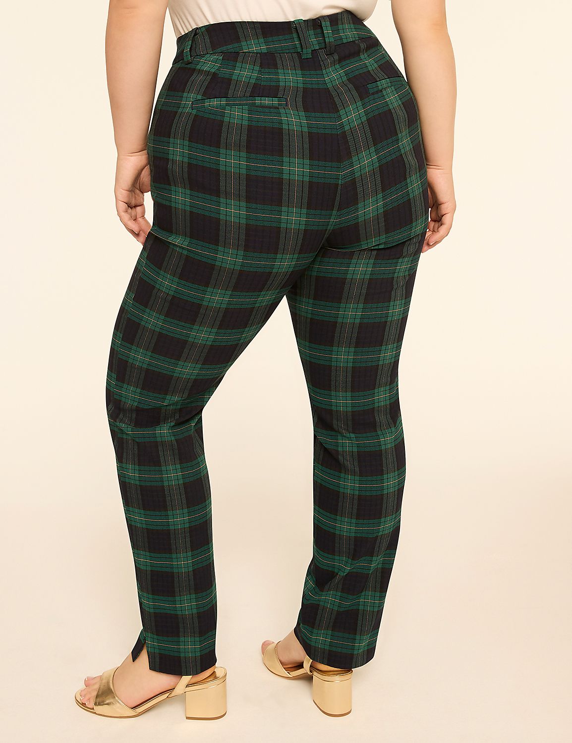 A person wearing green and black plaid pants and gold sandals stands against a plain beige background. Product Image 2