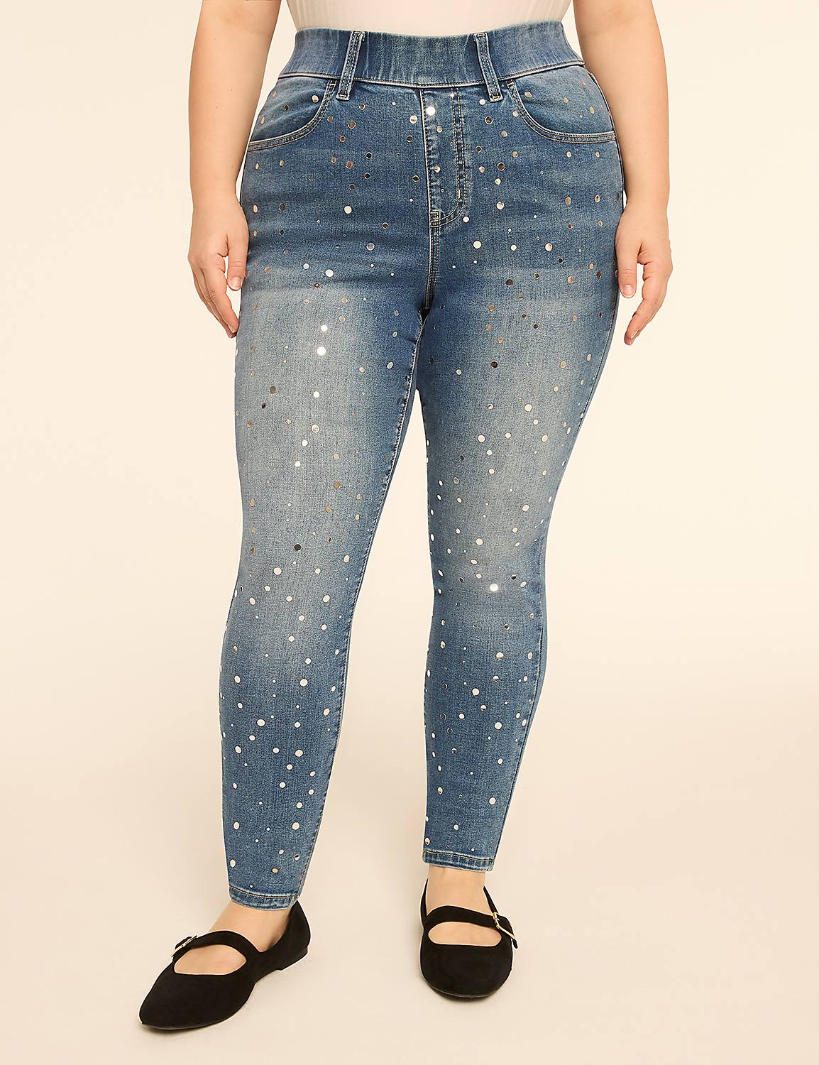 A person wearing sparkly blue jeans and black flats stands against a plain, light-colored background. Product Image 1
