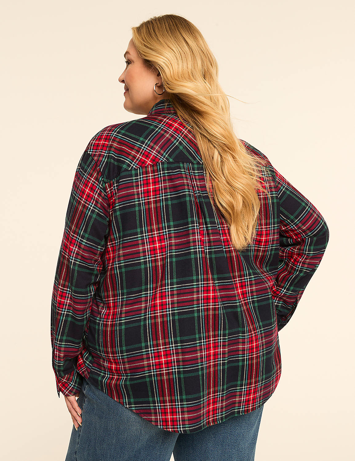 A woman in a red, green, and blue plaid shirt is shown from the back against a plain, light-colored background. Product Image 2