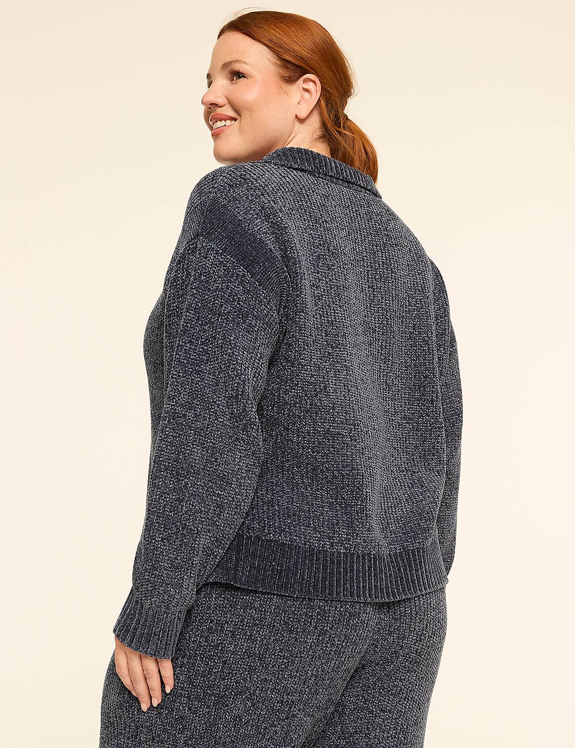 A woman in a dark blue chenille sweater and matching pants stands against a plain, light-colored background. Product Image 2